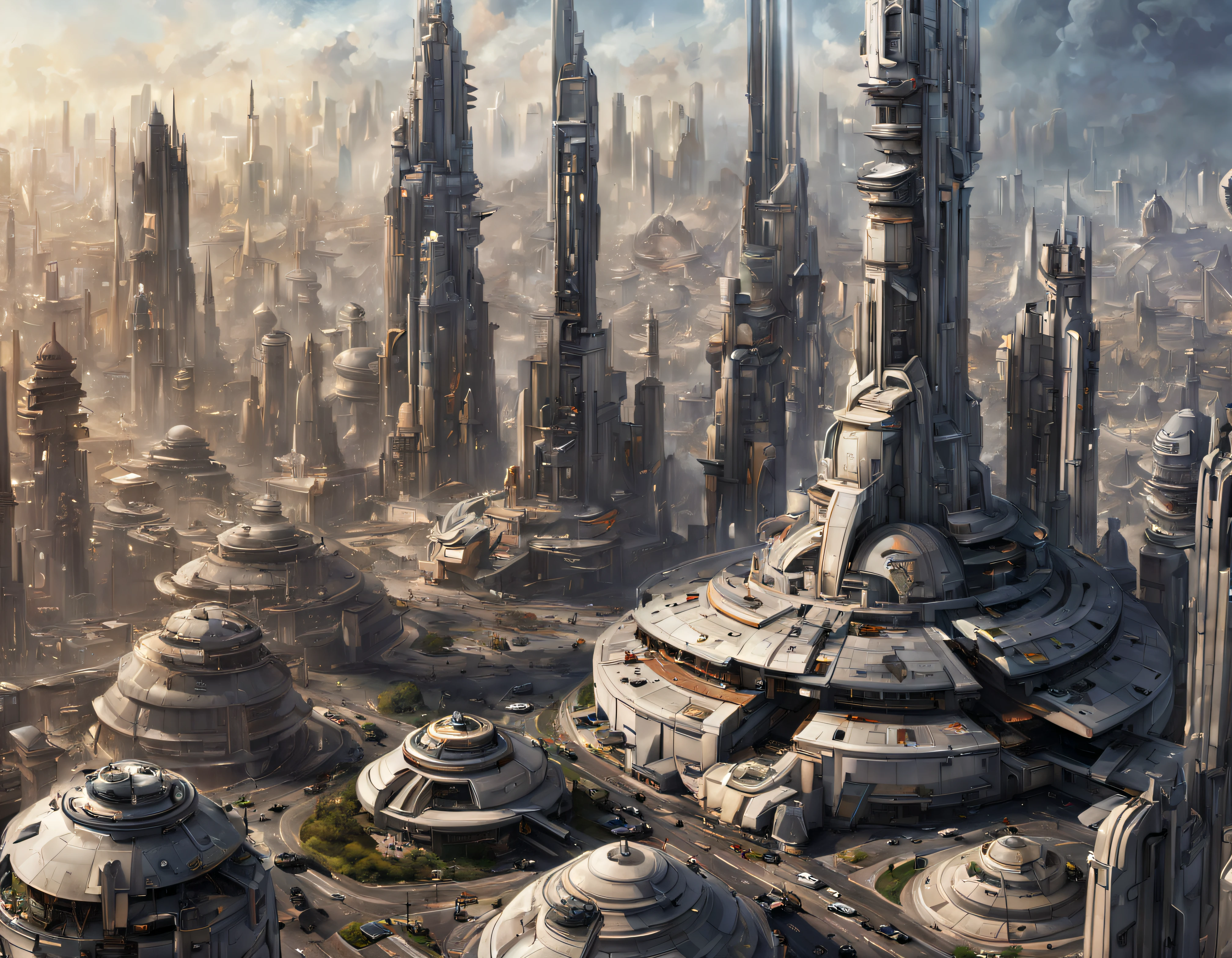 ((The city of Coruscant from Star Wars as designed by Doug Chiang)), futuristic fantasy city with immense buildings of technological design (que forman una avenida infinita), edificios compactor no difuminados, con estructuras acristaladas espectaculares, (con colores vivos y vibrantes). pavimento ensolado (sin brillo). gente paseando. imagen bien definida con muchos edificios juntos. imagen nitida bien definida 8k. los edificios llegan alta el fondo.,8k. imagen cinematografica. ,todo lleno de imaginacion,ciencia ficcion y (intrincados detalles de la maquina).imagen fotorrealista,nitidez maxima, calidad 8k.(obra maestra de calidad superior).