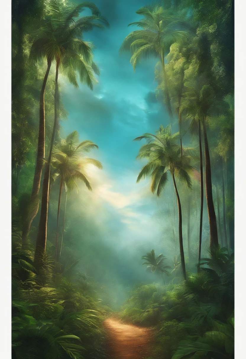 Desenhe uma floresta tropical em aquarela, With a beautiful sky and a light from above, com anjos em volta