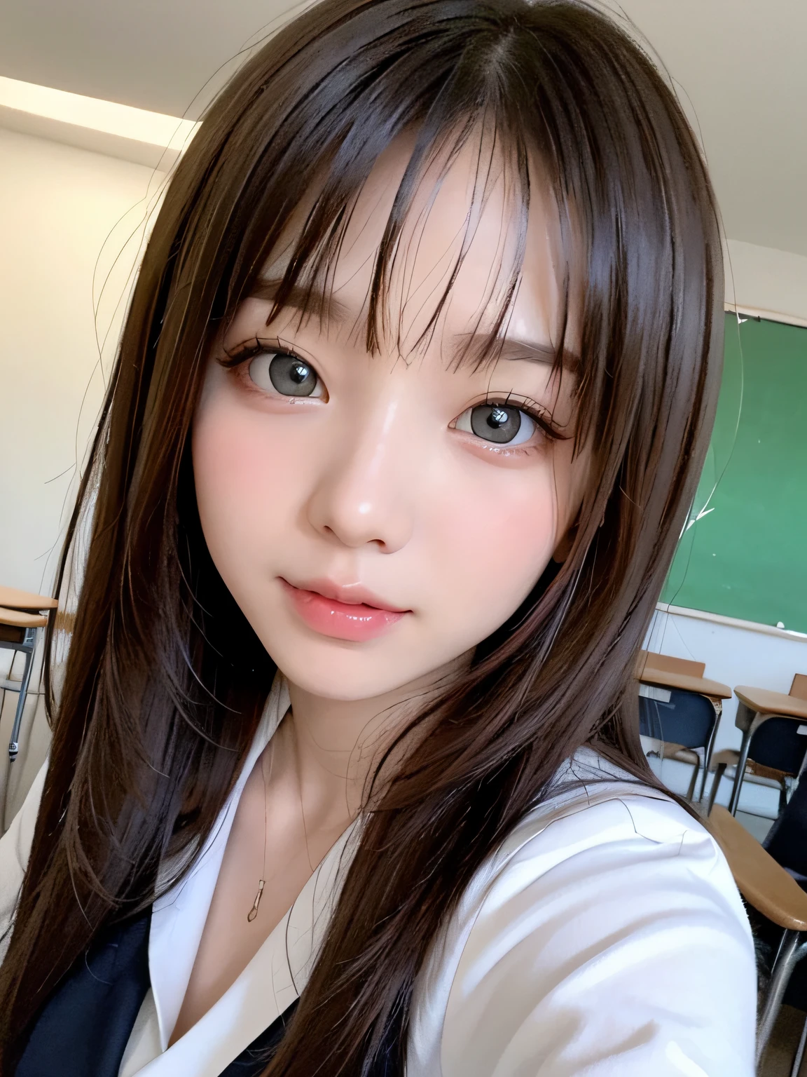 bright expression、photorealisim、top-quality、超A high resolution、a picture、(One Woman:1.6),Photos of the most beautiful Nordic girls、full body Esbian、cowboy shot、Detailed cute and beautiful face、a small face、(pureerosface_v1:0.008)、Beautiful bangs、alice in the wonderland、low angle shot 、18year old、Glowing white shiny skin、Hair tangled in the face、Bangs that extend to the face、bangss、Hair between the eyes、Super long hair、Attractive brown silky hair、finer hair、Bright, Clear light blue eyes look attractive、School Uniforms、student clothes、Korean Makeup、eye liner、Double eyelids、ample breasts、Dynamic Pose