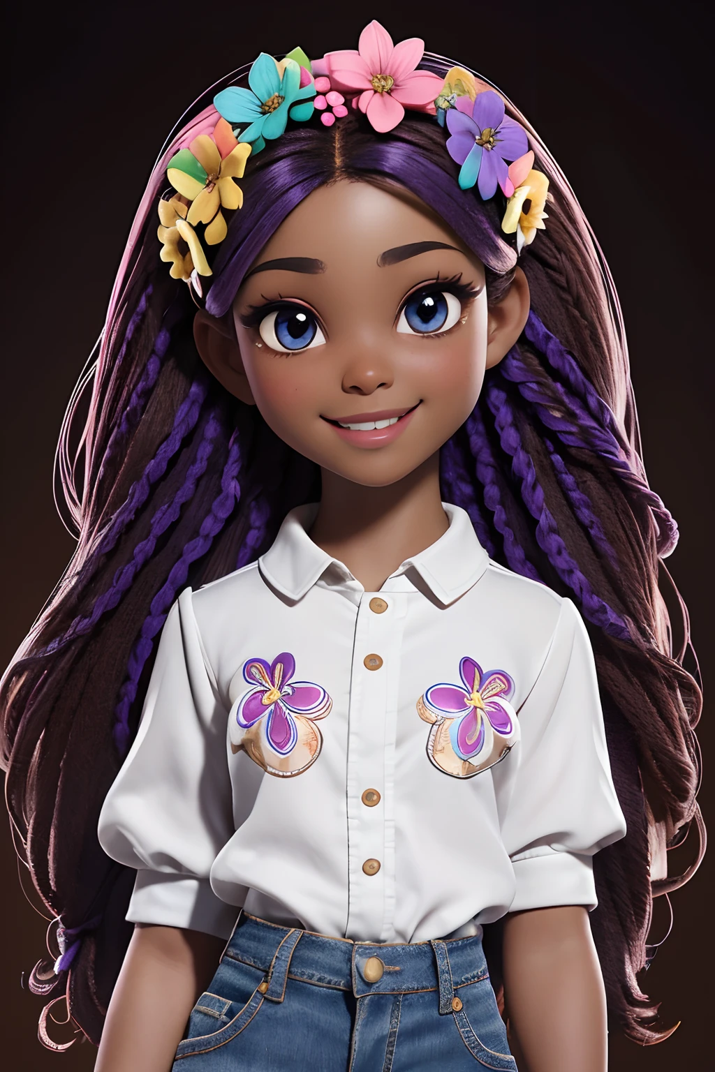 Chibi 1 African Girl Dark Brown Skin:5, cute smile face, Walking in the countryside ((full bodyesbian))) "((Coffee included))" realistic shadow, Bright eye, detailedskin, Light brown eyes flicker faintly, pose for photo, Rainbow of words "Beatrice", on head, Afro colorful hair, flower in hair, Rapunzel style, Very detailed, Highly detailed 8k planes, perfect face shape, Perfect Full Lip, Perfect nose, Beautiful and correct eyes, observer, wedding dress: 3.45 , Rainbow on the head with the letters BEATRICE written on the rainbow Hair flowers, Master Parts, Best Quality, only one, jeans, Soio, Advanced Chibi