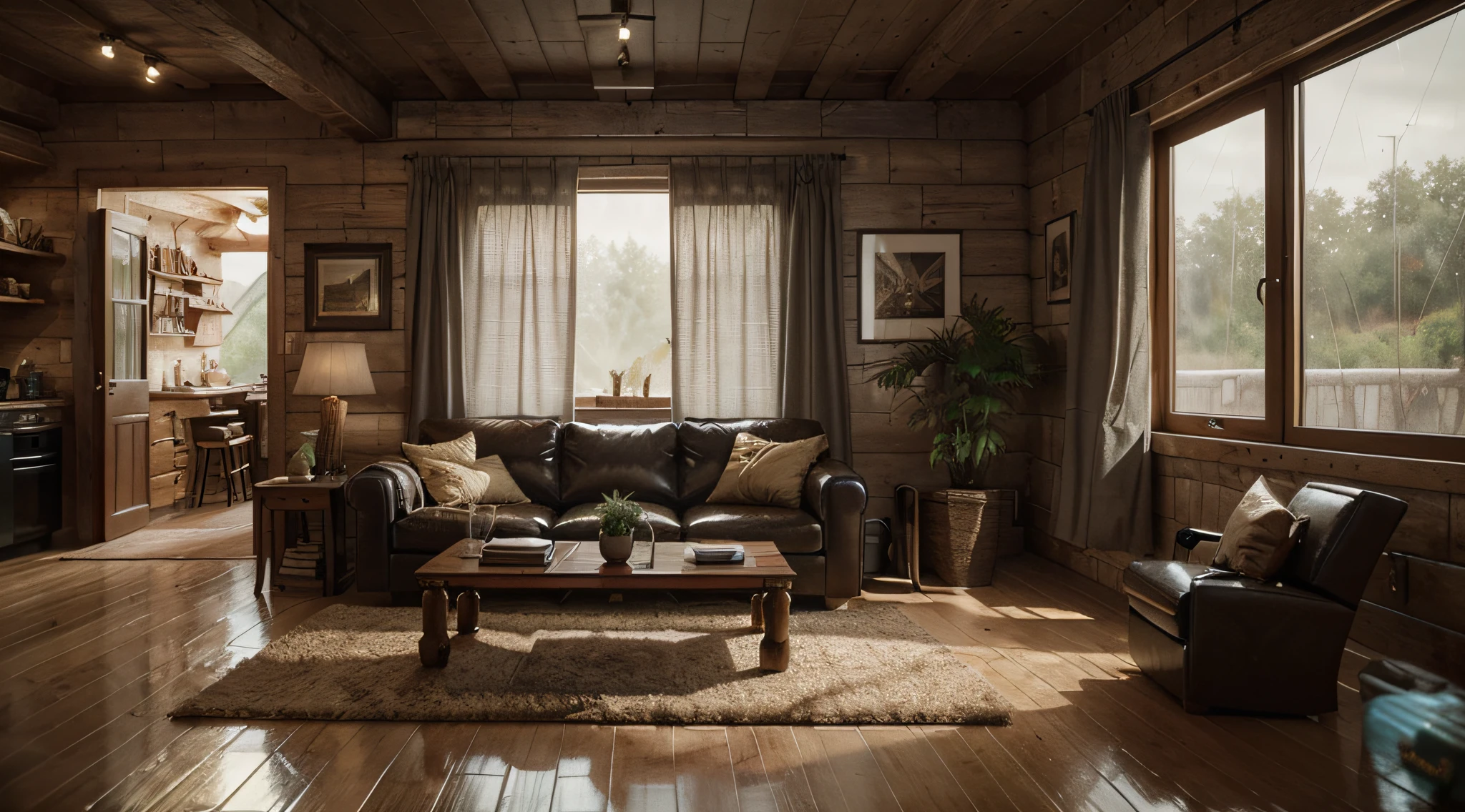 A cozy living room in a log cabin with the rain outside, matte paint film poster, golden ratio, trending at cgsociety, intricate, epic, trending at artstation, by artgerm, h. R. giger and beksinski, highly detailed, vibrant, cinematic character rendering production, very high quality model