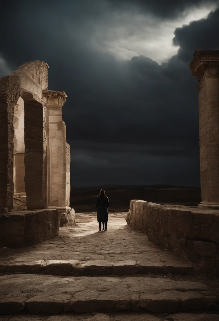 A imagem retrata uma paisagem desolada e sombria de um planeta abandonado. No centro da imagem, There is a lone figure, vestida com roupas desgastadas e carregando uma mochila nas costas. The figure is looking at the horizon, with an expression of confusion and uncertainty. Ao redor, There are ruins of buildings and ruins of an ancient civilization, evidencing the abandonment and decay of the place. The sky is dark, com nuvens escuras e tempestuosas, adding an atmosphere of mystery and solitude. The image conveys the feeling of being lost in an unknown and desolate place, In search of guidance and a way out to return home.