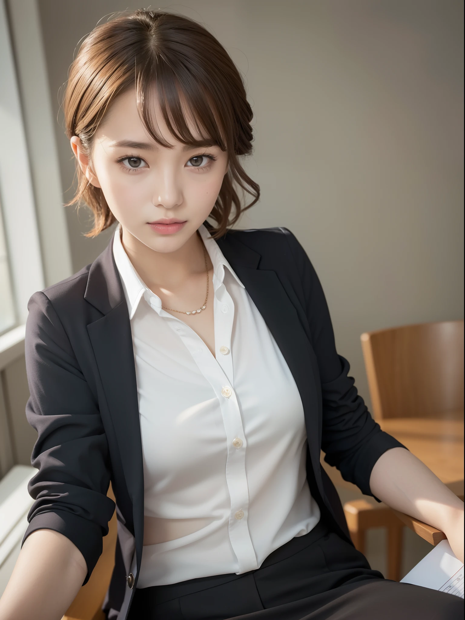 ((of the highest quality, 8K, masutepiece: 1.3, Raw photo)), Sharp Focus: 1.2, (1 AESPA Girl :1.1), Solo, (Realistic, Photorealistic: 1.37), (Face Focus: 1.1), Cute face, hyperdetailed face, short messy hair, (updo: 1.2), Small Smile, small breasts, flat chest, thigh, nude, (black chiffon button down shirt: 1.3), business skirt, office room, flower, rose