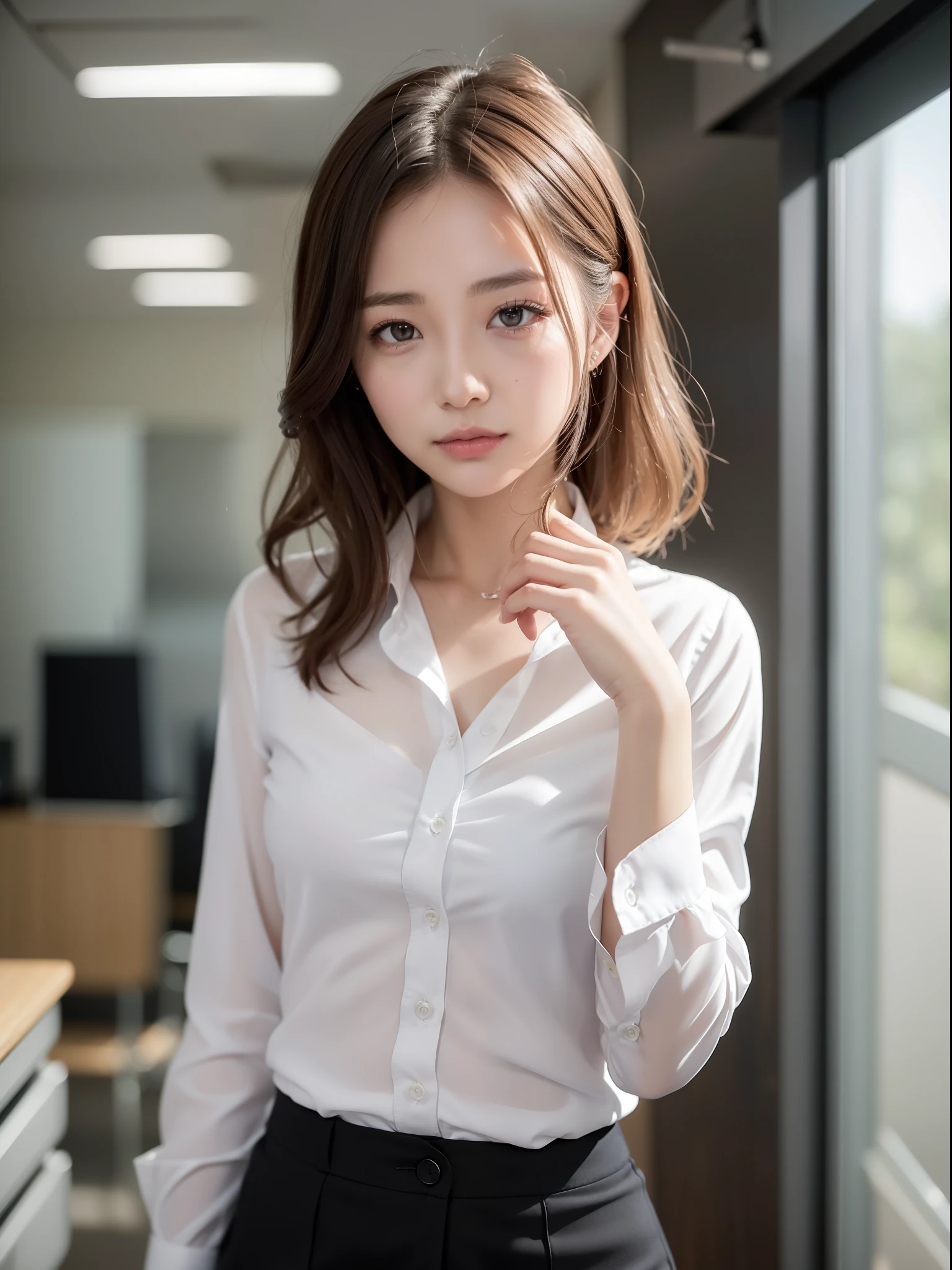 ((Best quality, 8k, Masterpiece: 1.3, raw photo)), Sharp focus: 1.2, (1 AESPA girl: 1.1), (realistic, photo-realistic:1.37), face focus, cute face, kindness, small breasts, flat chest, brunette short messy hair, sitting cafe, business suit skirt, white shirt, sunlight, cinematic lighting