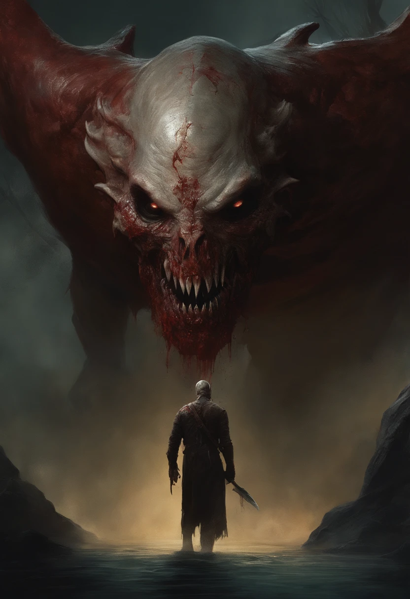 A painting of a human creature with a bloodied face and a bloodied head, carnage, Sci - Horror Art of Fiction, Science fiction horror artwork, inspired by Aleksi Briclot, Crocs de carnage, Horror fantasy art, par Aleksi Briclot, Horror concept art, venin, Art fantastique et horror, Detailed illustration of 4K horror, Demonic creature, Dark Fantasy Horror Art