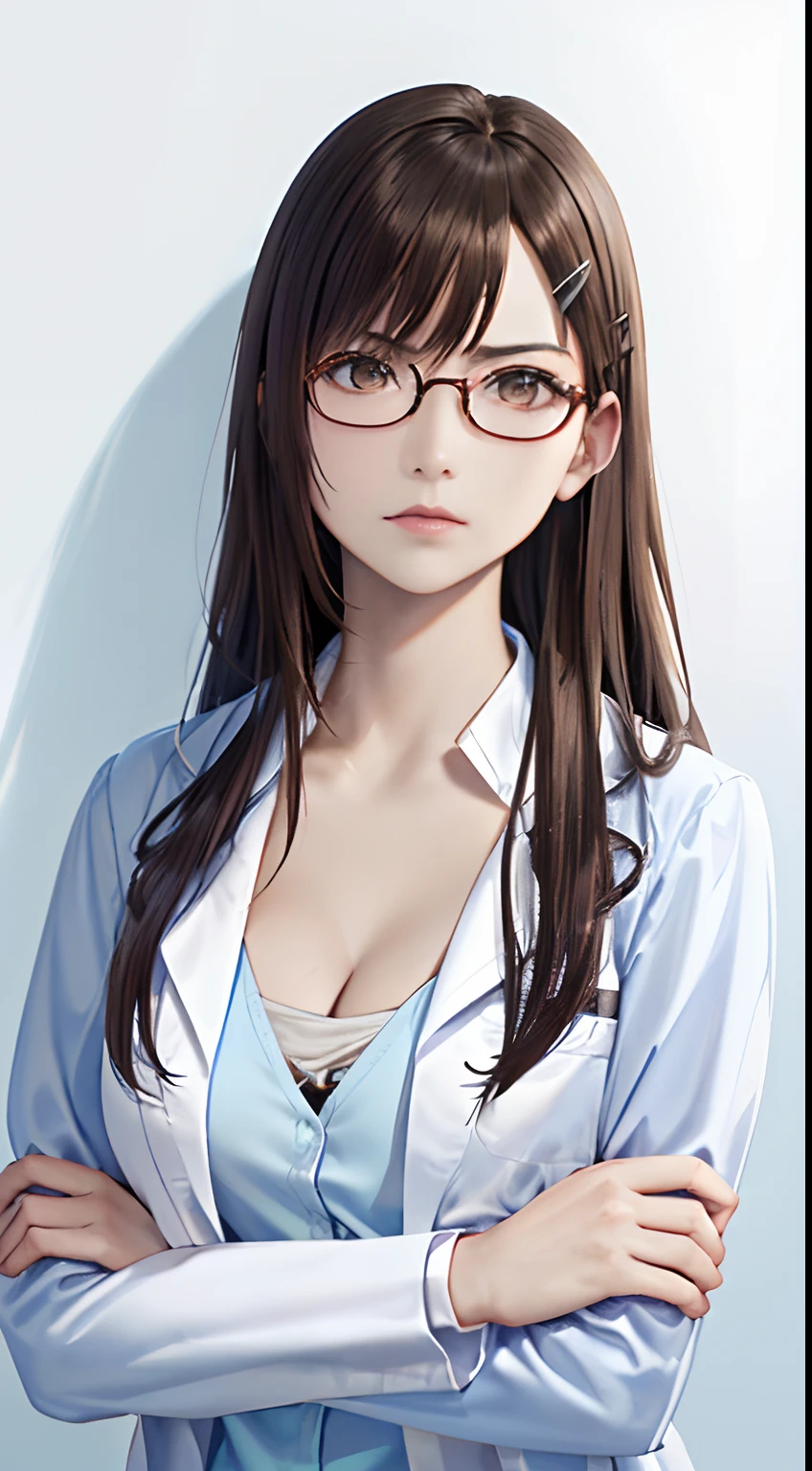 (top-quality、8K、32K、masterpiece、nffsw:1.2)、(Raw photography)、(realisitic)、(Photorealsitic:1.2)、(hight resolution)、ultra-detailliert、extremely beautiful face and eyes、1girl in、round small face、big breasts thin waist、Delicate body、(a closeup、top-quality、high detailing、rich skin detail、nffsw)、(Best Quality、8K、Oil Painting、masutepiece:1.2)、Ultra-detailed、(Realistic、Photorealistic:1.37)、Vibrant colors、(((I'm wearing a lab coat)))、(((Wearing a white coat like a doctor)))、(((I'm wearing a light blue inner garment)))、(((cleavage of the breast)))、(((angry expressions)))、(((light brown hair)))、(((Very long hair)))、(((Wearing red-rimmed glasses)))、(((bustshot)))、(((White wall background)))、(((Bangs are fastened with hairpins)))、(((wearing lab coat)))、(((Arms crossed in front of the chest)))、(((Light Blue Inner)))