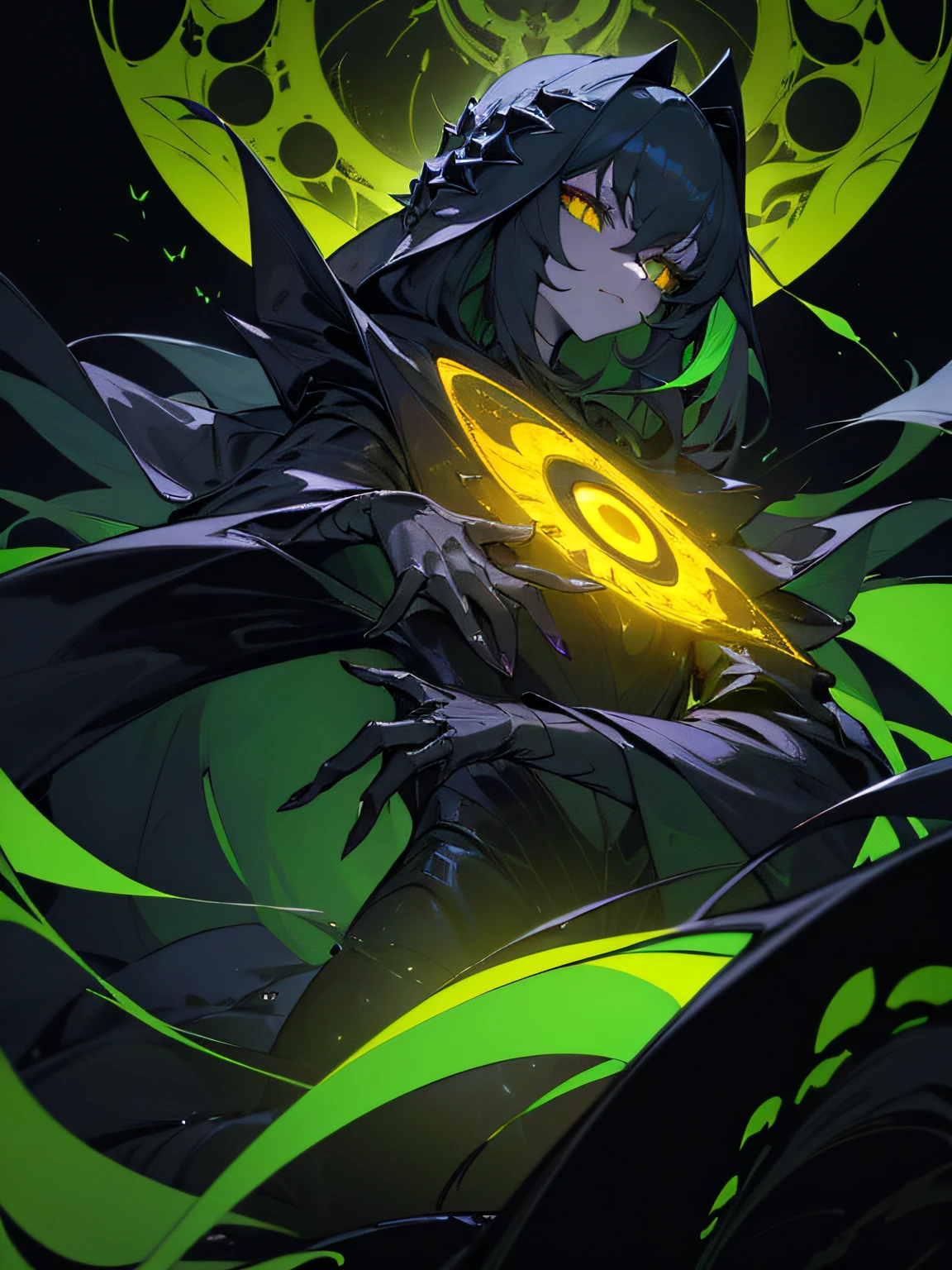 Masterpiece, elegance and danger, gloomy character, elegant insect girl, alien, (dark-black-scaly-chitin-skin), pitch-black-chitin skin, lots of yellow glowing insect eyes, hi-tech black equipment, sharp fingers, long cloak shaped chitin hair, green glowing hi-tech pistol, dark alien cosmic ship, black geometrical minimalism