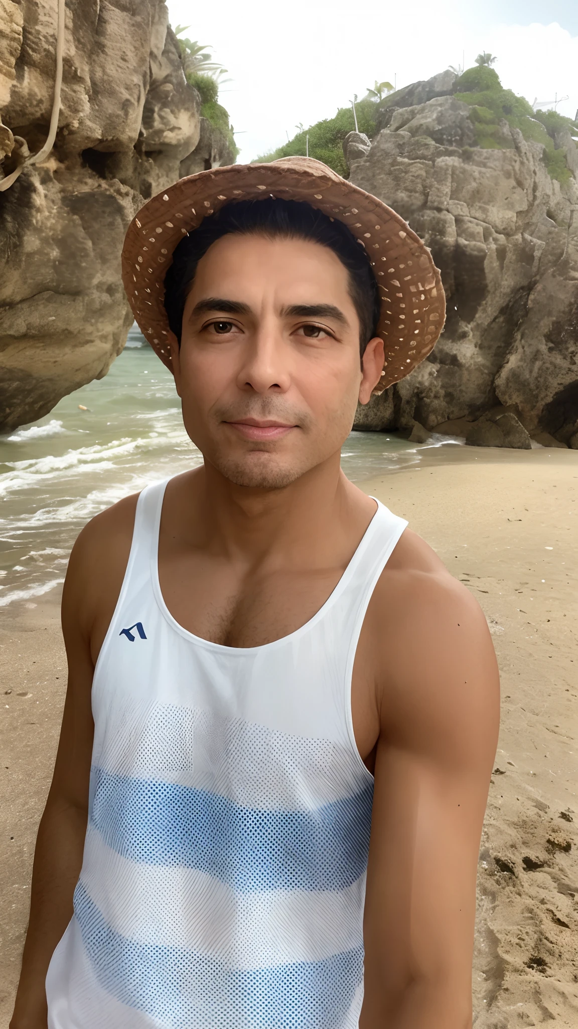 Man in hat standing on a beach next to a rock, Ricardo Milos, silvio santos, Miguel Iglesias, Homens de 45 anos, Cristiano Orrillo, andres rios, mario martinez, Homem de 4 0 anos, victor maristane, 38 anos, 3 2 anos, Pablo Perdomo, em uma praia tropical