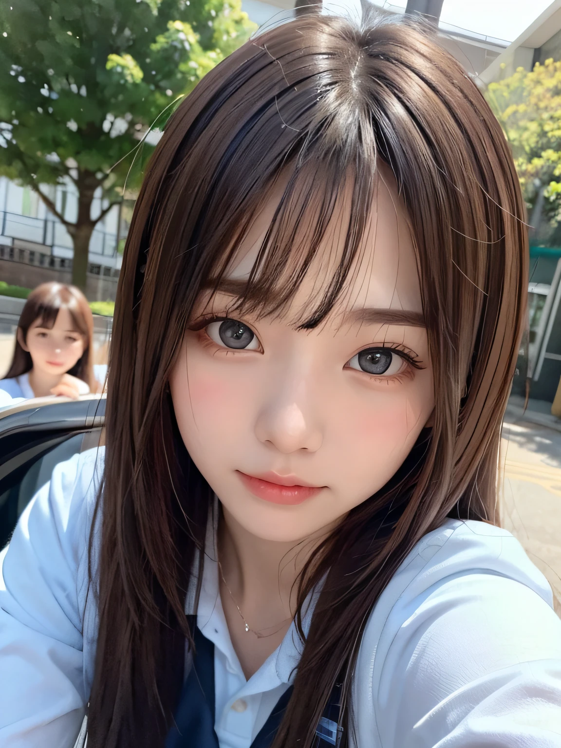 bright expression、photorealisim、top-quality、超A high resolution、a picture、Photos of the most beautiful Nordic girls、full body Esbian、Detailed cute and beautiful face、a small face、(pureerosface_v1:0.008)、Beautiful bangs、alice in the wonderland、low angle shot 、18year old、Glowing white shiny skin、Hair tangled in the face、Bangs that extend to the face、bangss、Hair between the eyes、Super long hair、Attractive brown silky hair、finer hair、Bright, Clear light blue eyes shine attractively、School Uniforms、student clothes、Korean Makeup、eye liner、Double eyelids、ample breasts、Dynamic Pose