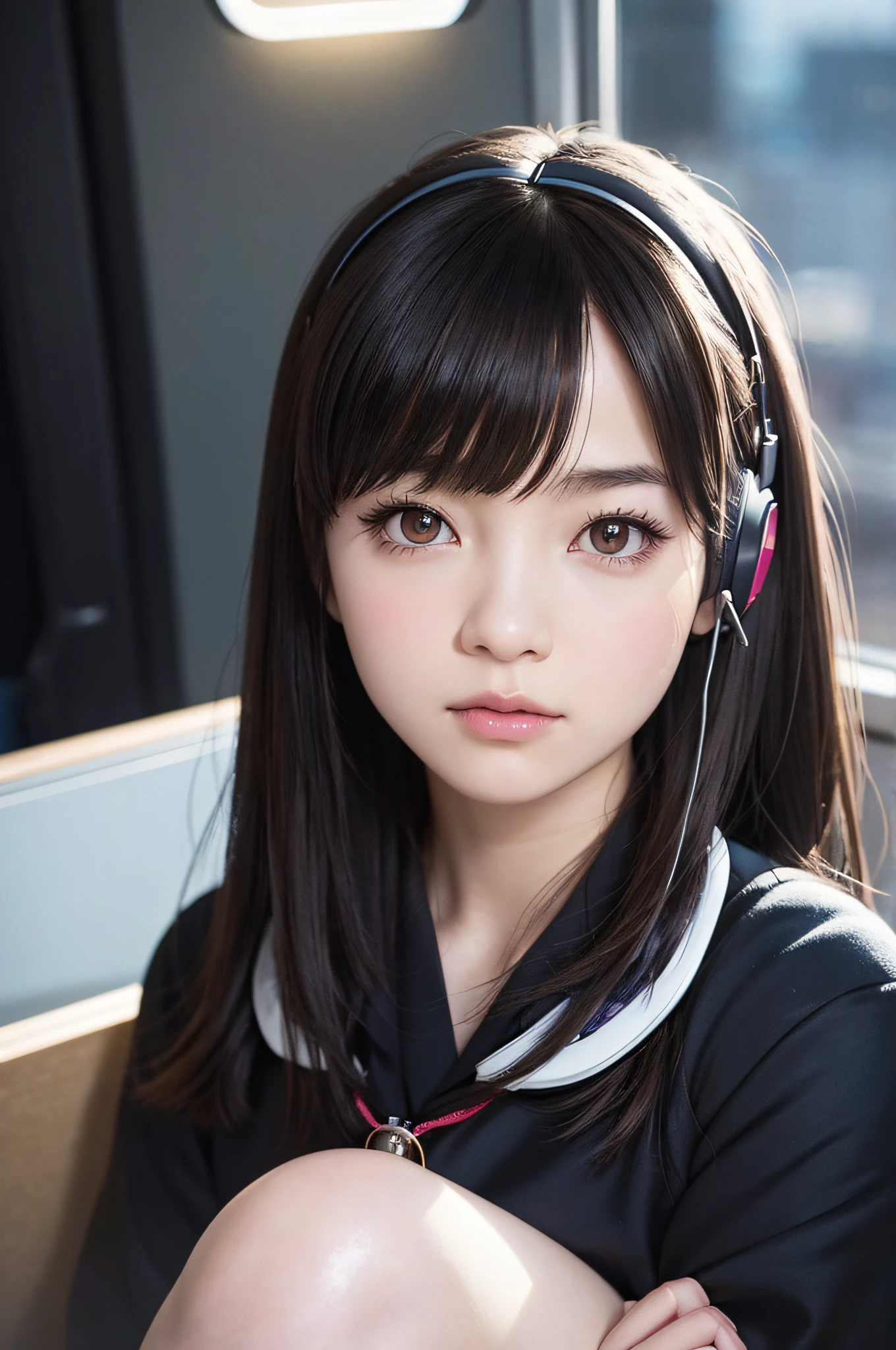 Anime girl sitting on a train with earphones, close up of subject, a photorealistic painting by Ilya Kuvshinov, trending on cg society, Digital Art, artwork in the style of guweiz, guweiz, Beautiful Anime Portrait, realistic cute girl painting, digital art ilya kuvshinov, lofi portrait, Ilya Kuvshinov. 4k