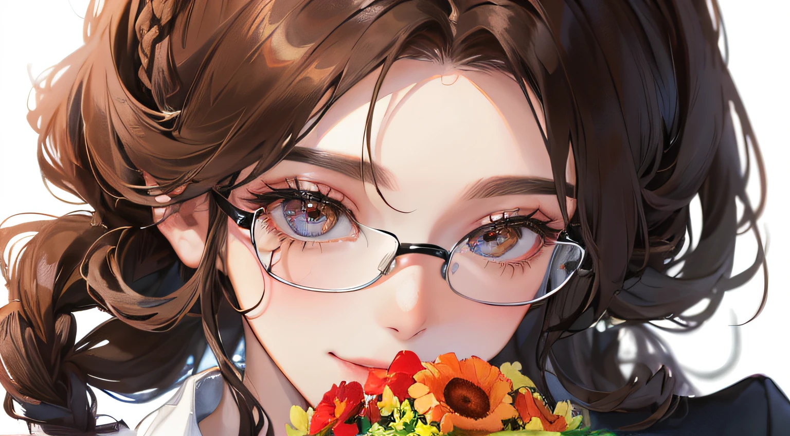 (((1人の女性)))、(Top resolution、Distinct_image) best qualtiy、((Black suit jacket)),(((Bouquet of red gerberas)))、contrasts of light and shadow、eye glass、Simple white background、((Soaring light))、((illuminating))、ighly detailed、Semi-realistic、Brown hair、Braided hairstyle、Smile、bangss、20yr old、Office Lady,,年轻、((White shirt))、((View from the front))、delicated facial features、Facial features、