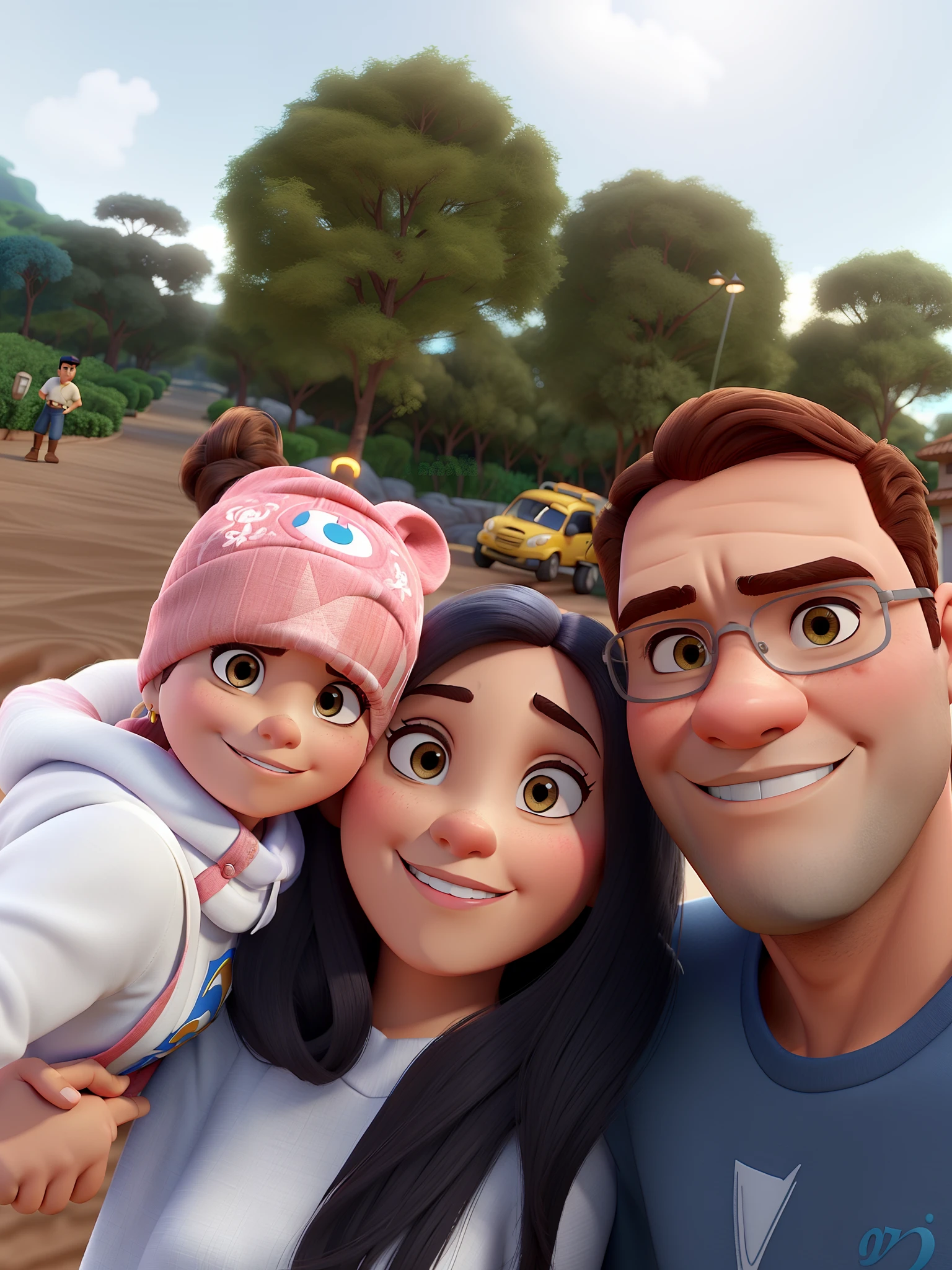 fami (homem branco e mulher bmorena) no estilo Disney Pixar, alta qualidade, melhor qualidade.