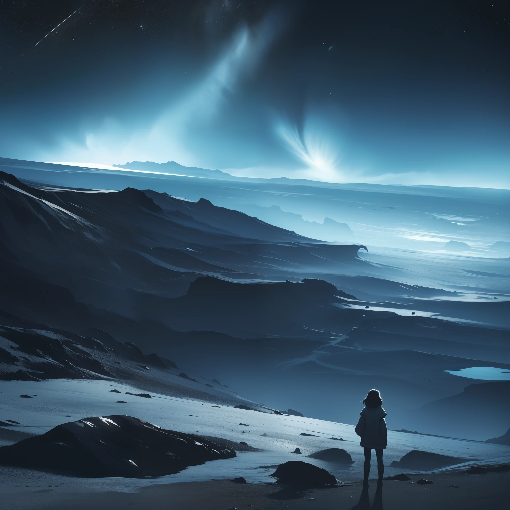 The illustration depicts a scene marked by a sense of isolation and desolation. The space around the character is empty and dark, accentuating the loneliness she experiences. She seems to be lost and lonely in the vast universe, as if there is no one around to share her pain.