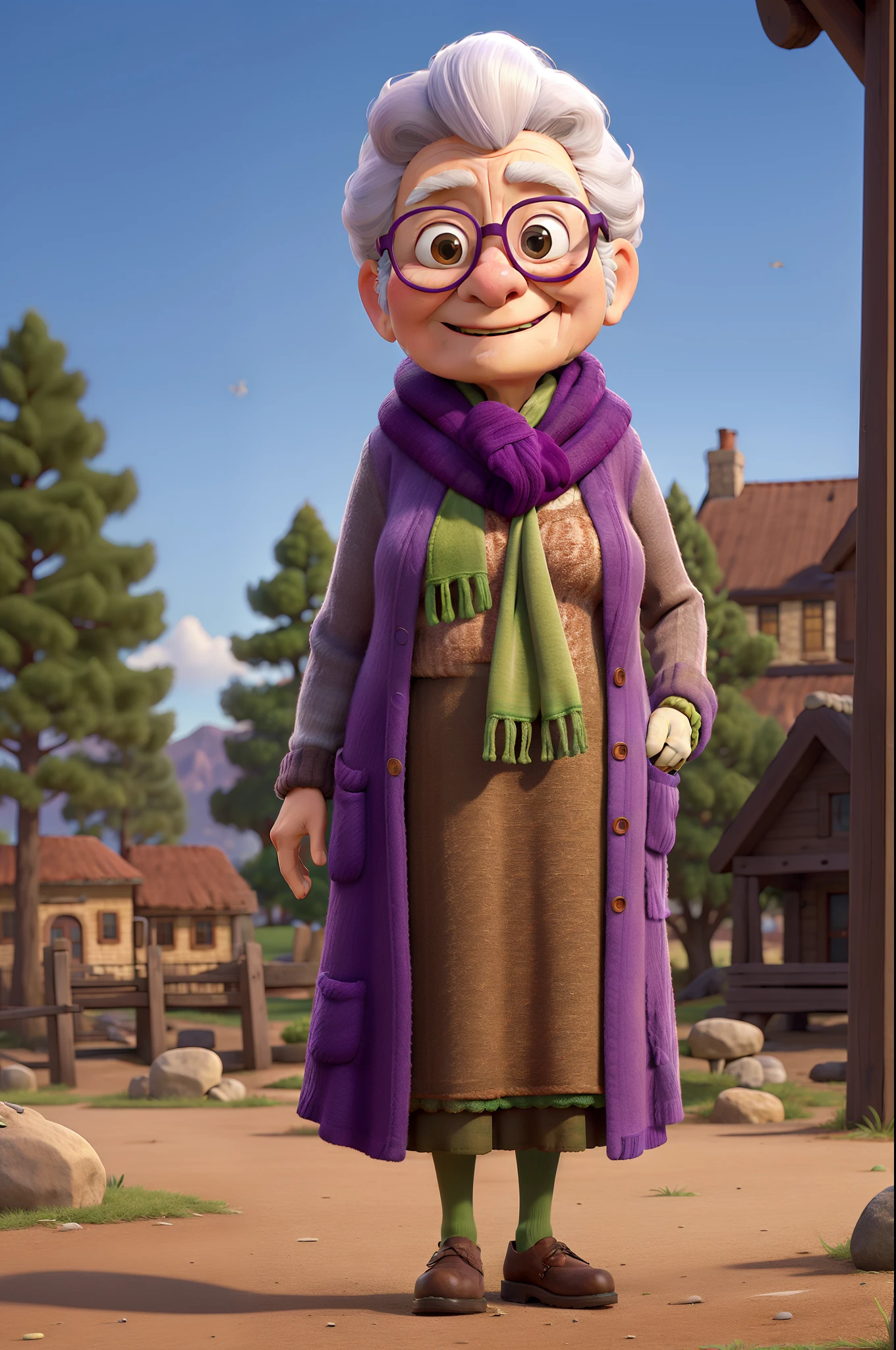 masterpiece, best quality, an old woman with glasses and a scarf on, wearing a purple coat and green scarf, standing at the park