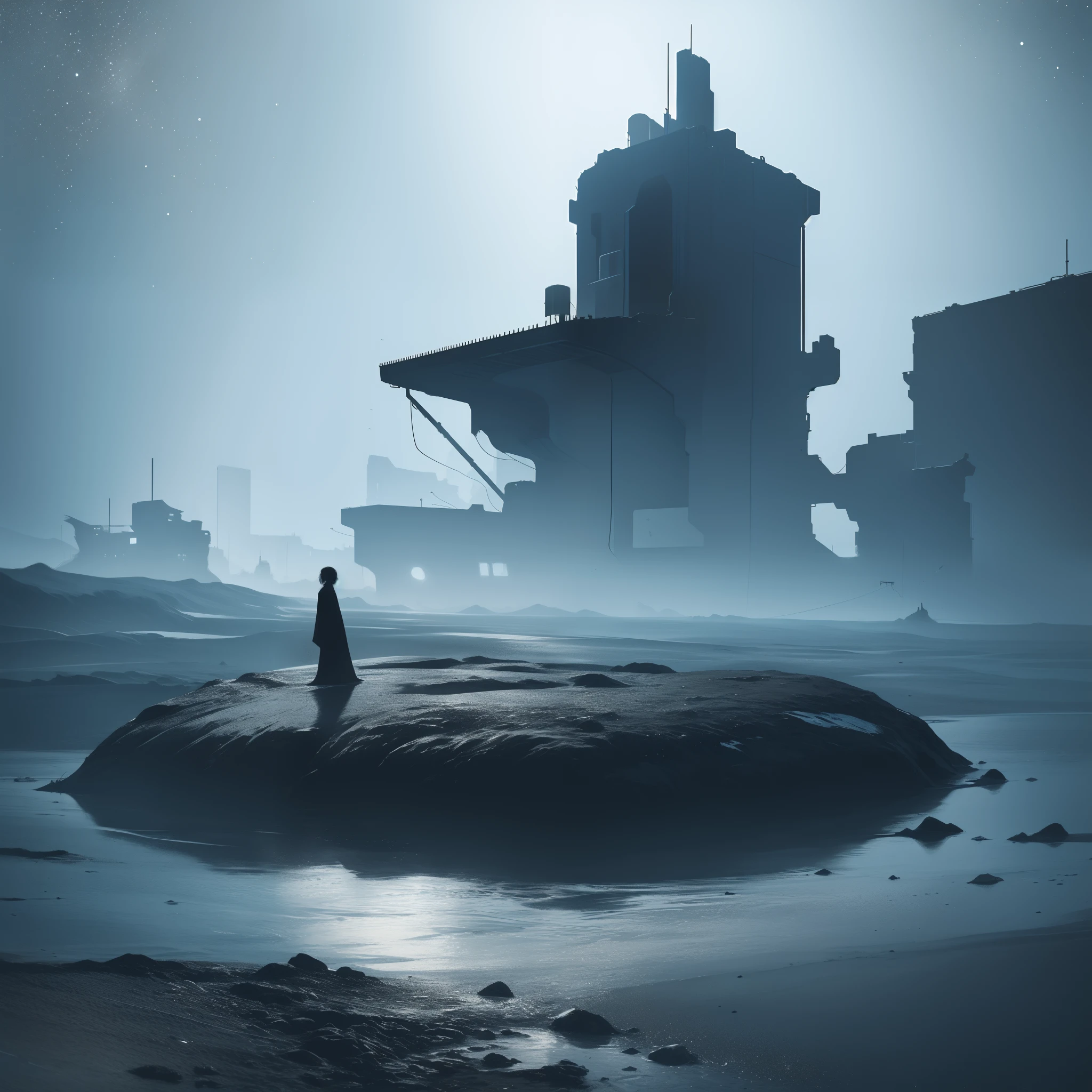 The illustration depicts a scene marked by a sense of isolation and desolation. The space around the character is empty and dark, accentuating the loneliness she experiences. She seems to be lost and lonely in the vast universe, as if there is no one around to share her pain.