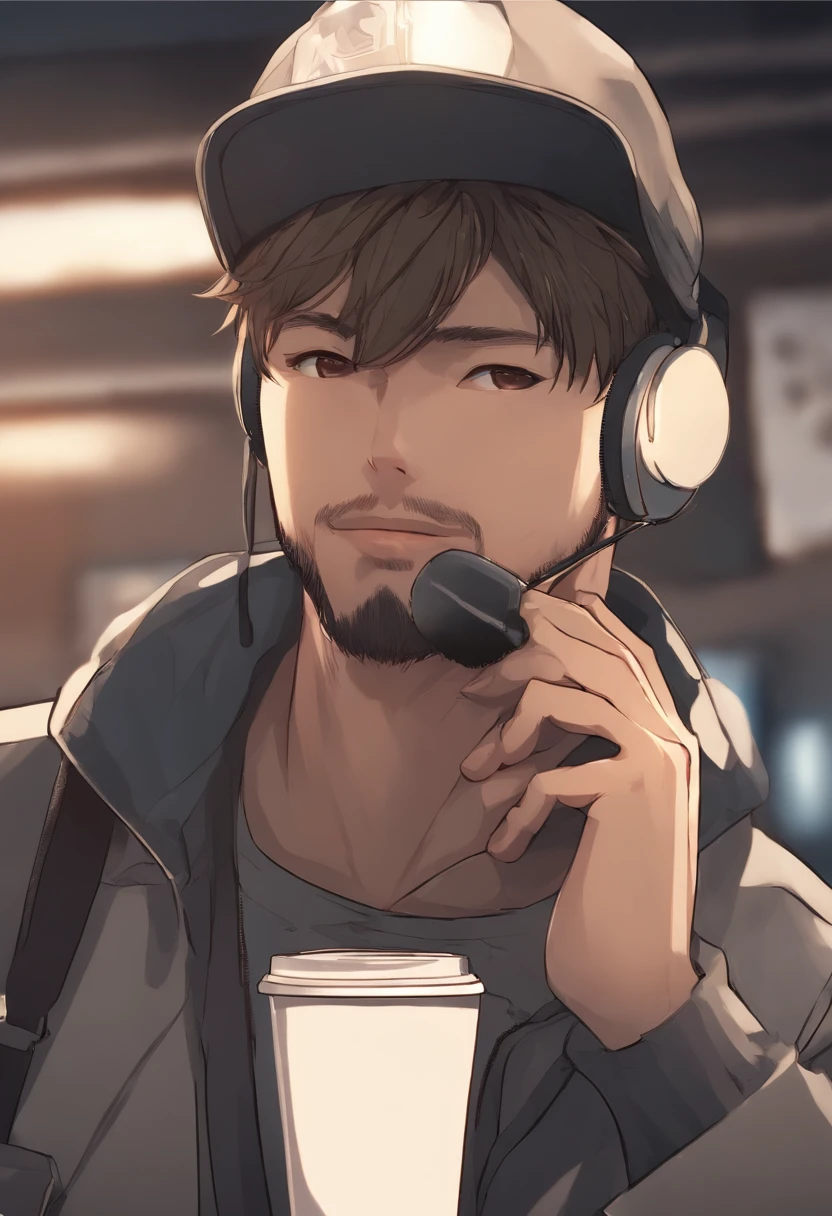 Wearing a cap、Anime man holding a can of coffee in front of a microphone, beard on the chin、In pixiv, high quality fan art, ig studios anime style, makoto shinka, pixiv, 8K!, Top Rated on pixiv, pixiv 3dcg, popular on pixiv, 4 k manga wallpaper, by Ei-Q, Kentaro Miura Manga Art Style