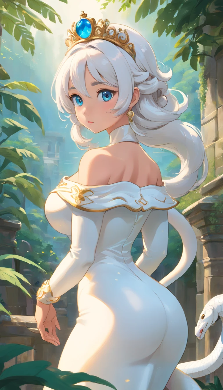 Pixar-style super cute anthropomorphic white snake, Large breasts,cleavage,Off-the-shoulder clothing,Daihan Costume and Crystal Crown, Standing, charming big eyes, Cute tail, Standing, Surreal, Super fine, Luxurious, Graceful standing, charming big eyes, Cute tail, Standing, Surreal, super detailed, Luxurious, Elegant, with an intricate, Gorgeous, Illusion Engine, Octane Rendering, 8K, Freissurrealism
