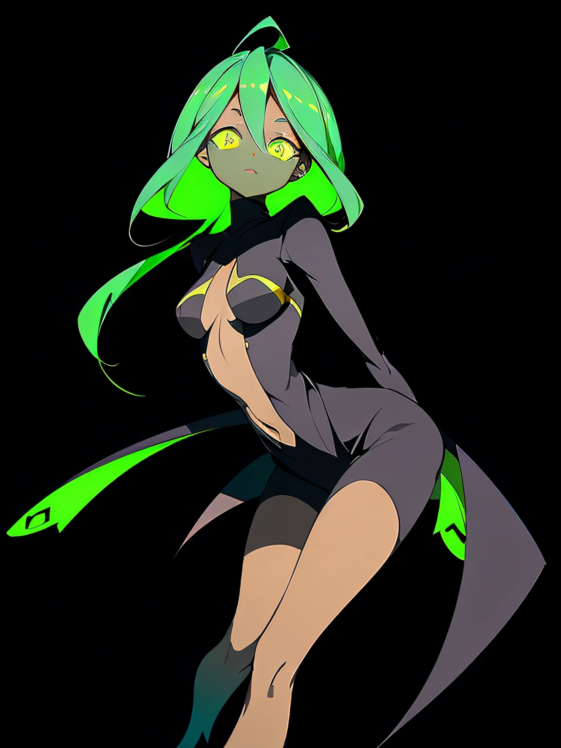 Masterpiece, elegance and danger, gloomy character, elegant insect girl, alien, (dark-black-scaly-chitin-skin), pitch-black-chitin skin, lots of yellow glowing insect eyes, hi-tech black equipment, sharp fingers, long cloak shaped chitin hair, green glowing hi-tech pistol, dark alien cosmic ship, black geometrical minimalistic ship room