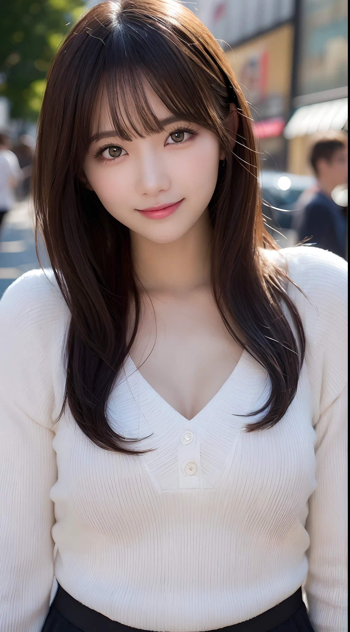 highest quality, shape, Very detailed, finely, High resolution, 8k wallpaper, 完璧なダイナミックな構shape, Beautiful and detailed, Summer clothes,Medium Hair,Natural color lip,smile,20-year-old girl、Midnight、Beautiful and elaborate face、Perfect and beautiful face、Slim face and figure,spread your arms wide,Big eyes,Take a photo with your face raised from below your knees、Small face、Beautifully detailed face、Perfect and beautiful double eyelids、Big cleavage、Thin legs、One Woman、T-shirt