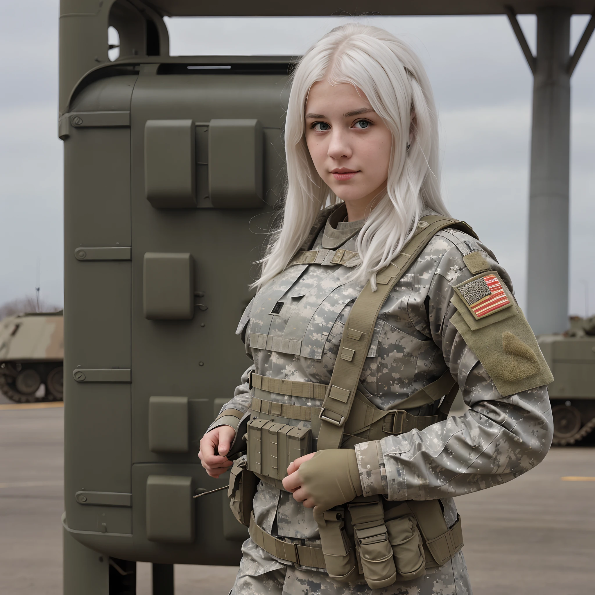 white-haired girl wearing military gear
