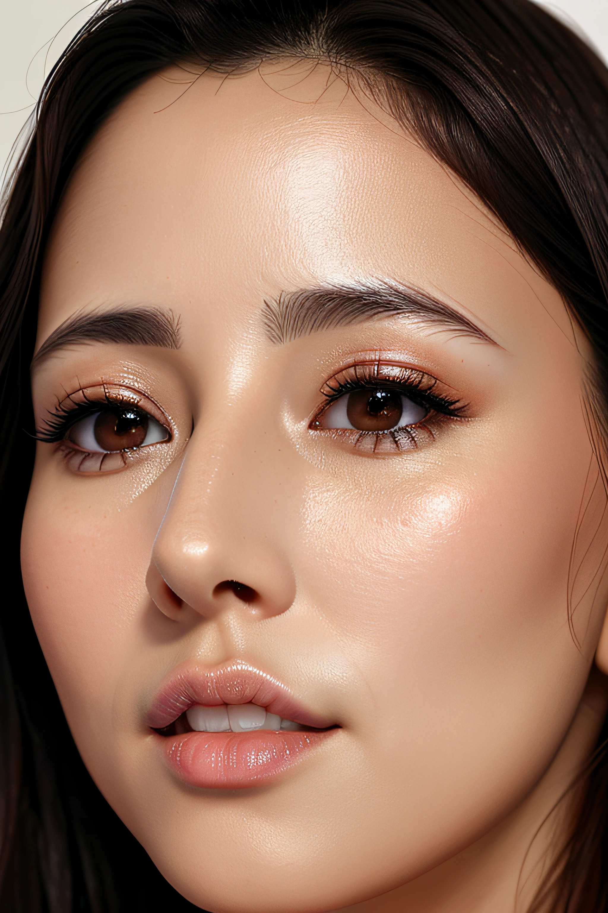 masutepiece,,award - winning photo, Extremely detailed、35 year old、A dark-haired、Glossy skin、Close-up of face,(Realistic nostrils)、Lens Distortion Removal、Realistic skin texture、Reproduction of pores、profile、1girl in,elongated nostrils、