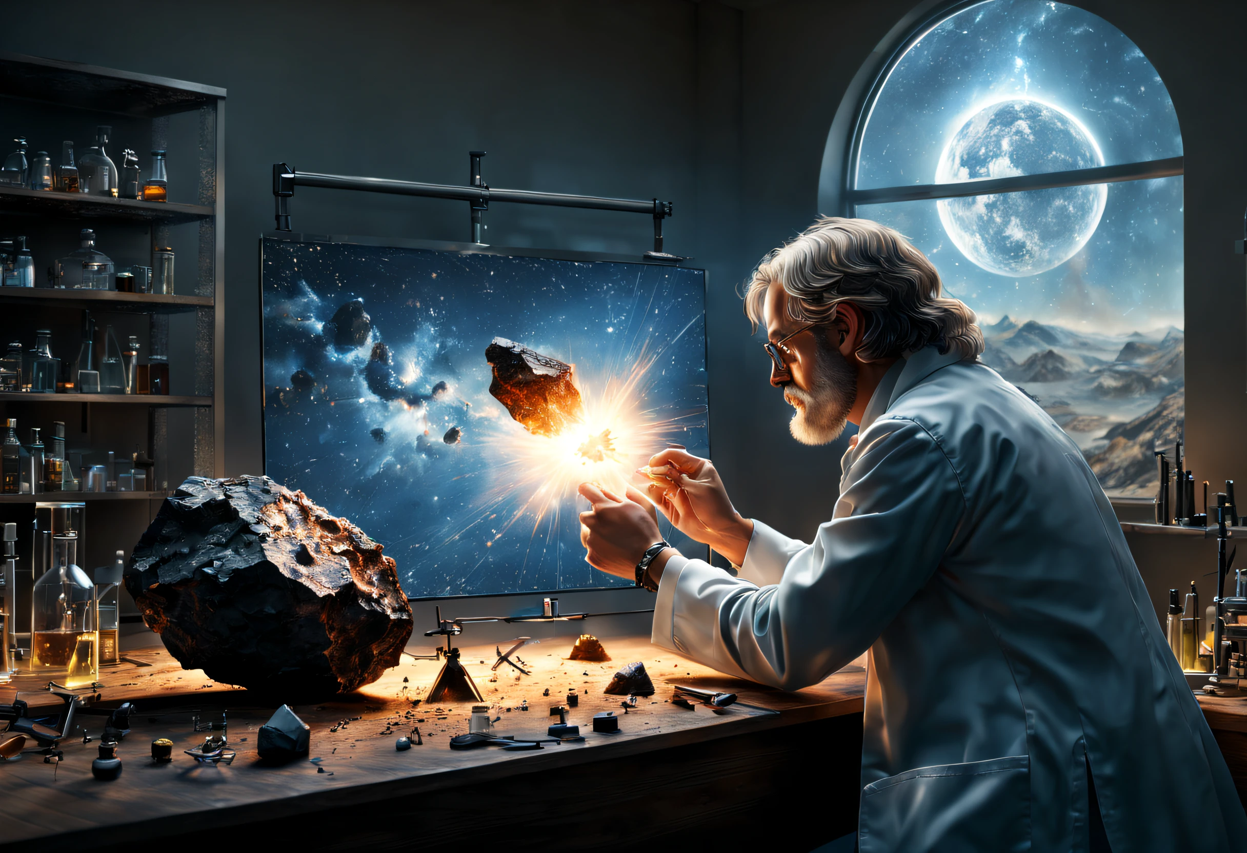 (best quality, 4k, 8k, high resolution, masterpiece: 1.2), ultra detailed, (realistic, photorealistic, photorealistic: 1.37), A scientist analyzing a large meteorite. He's in his laboratory. Tolkien-style magical atmosphere. A wonderful award-winning image