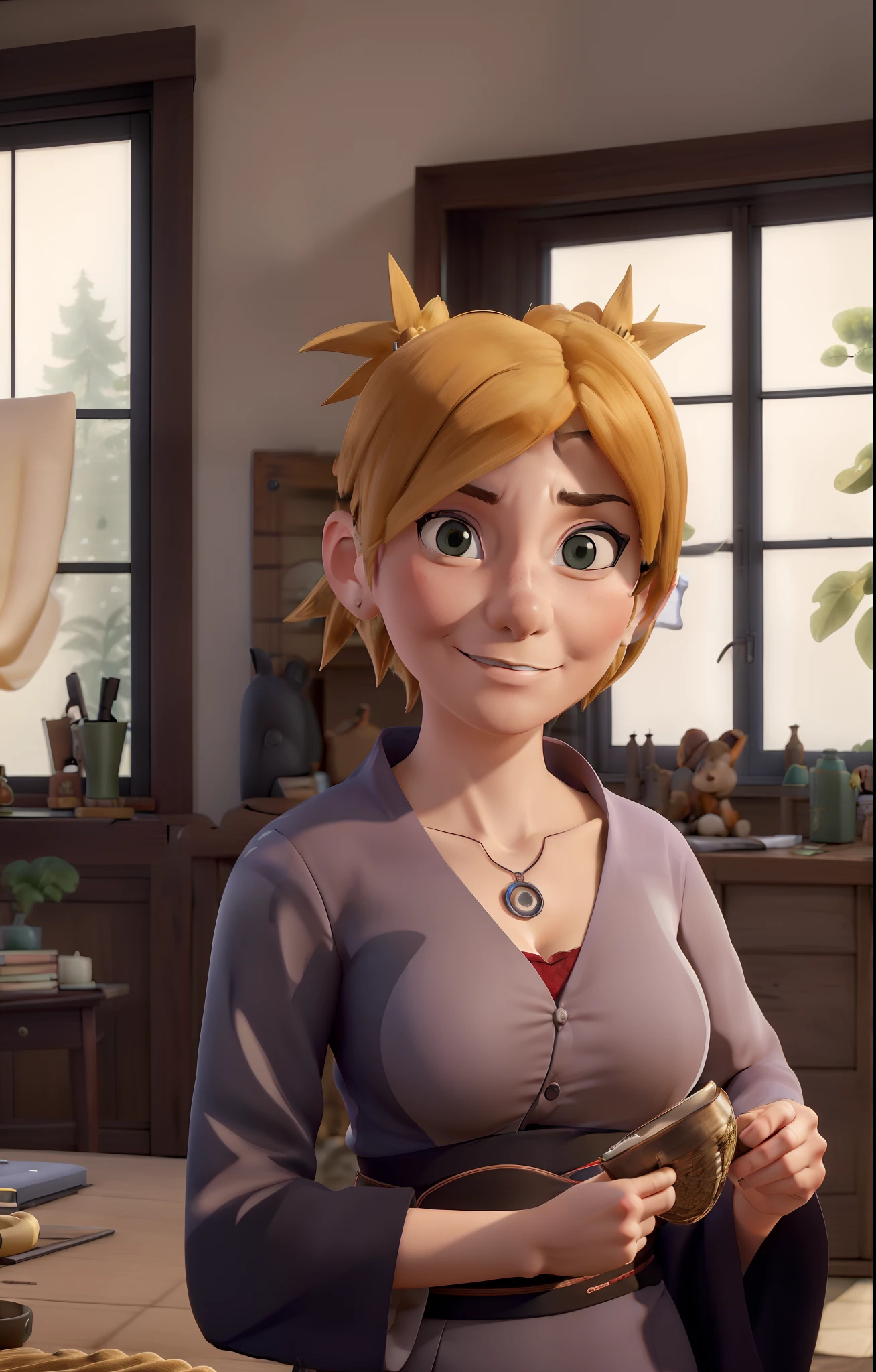 Meisterwerk, absurdres , (Komplizierte Details), (bunt),Filmische Beleuchtung,bust shot,extrem detailliertes CG Unity 8k Wallpaper,Lehrplan\(Boruto\), 1girls, mid large breasts, reifes Weibchen,geschlossene Augen,  Schreibtisch, schlafend, Hand auf dem eigenen Gesicht, Armstütze,  upper body,lila Kimono,  Spaltung,  drinnen, Fenster, Sonnenlicht, ,