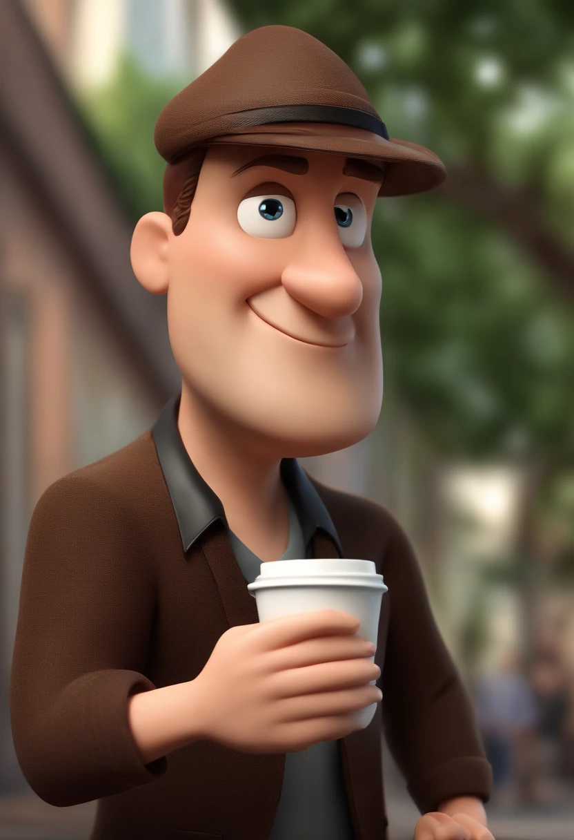 Cartoon character of a man 51 years old with black shirt, animation character, Caractere estilizado, animation style rendering, 3D estilizado, Arnold Maya render, 3 d render stylized, toon render keyshot, Personagem 3D, Personagem 3D, 3d rendering stylized, 3 d character render, personagem de desenho animado, Personagem de close up, Pose de personagem, holding a cup of coffee (Estilo Pixar) (master part:1.2) (Bokeh) (best quality) (pele detalhada) (textura detalhada) (8k) (argila) (Cinematic lighting) (foco nítido