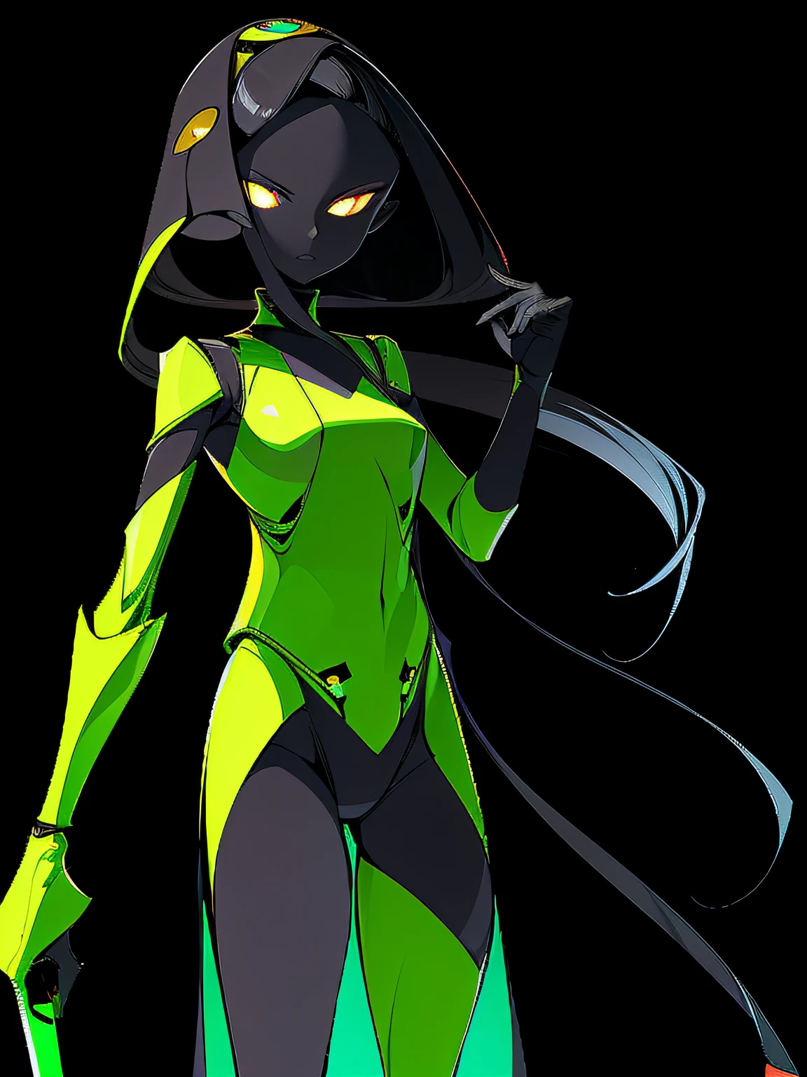 Masterpiece, elegance and danger, gloomy character, elegant insect girl, alien, (dark-black-scaly-chitin-skin), pitch-black-chitin skin, lots of yellow glowing insect eyes, hi-tech black equipment, sharp fingers, long cloak shaped chitin hair, green glowing hi-tech pistol, dark alien cosmic ship, black geometrical minimalistic ship room
