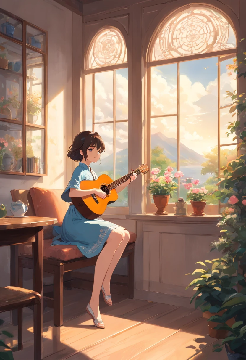 (Best Quality,4K,8K,hight resolution,masutepiece:1.2),Ultra-detailed,Realistic,Beautiful girl in blue cheongsam,Garden-themed rooms,Delicate details of the face,Blue cheongsam with intricate patterns,18-year-old girls,Girl on the windowsill playing the guitar,Girl with exquisite porcelain cup,Antique room with circular windows,Wooden table in front of the window,Girl playing guitar at the window,Girl looking at the beautiful view outside,Tranquil and picturesque outdoor views,peaceful ambiance,Soft sunlight shining through the circular window,A room with the scent of flowers,Ornate decoration of the walls,Elaborately carved vintage furniture,Quiet and elegant atmosphere,Graceful posture and facial expressions of the girl,There is a subtle emotion on their faces,A gentle breeze blows through the window,Subtle rays of light illuminating the room,Nostalgic color palette with warm tones,Soft and soothing color scheme,Vintage lighting for a cozy atmosphere,Details captured in high resolution,Smooth blending of colors,Smooth textures and brush strokes,rich, bright shades,Subtle shadows and highlights enhance depth and dimension,Picturesque scenery from the window,Bright foliage and blooming flowers,Fluffy white clouds and calm blue sky,Harmonious composition and balance of the scene.