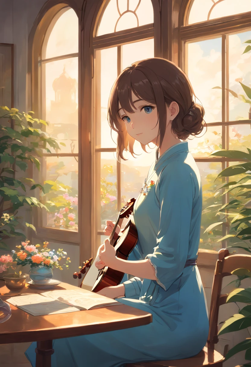 (Best Quality,4K,8K,hight resolution,masutepiece:1.2),Ultra-detailed,Realistic,Beautiful girl in blue cheongsam,Garden-themed rooms,Delicate details of the face,Blue cheongsam with intricate patterns,18-year-old girls,Girl on the windowsill playing the guitar,Girl with exquisite porcelain cup,Antique room with circular windows,Wooden table in front of the window,Girl playing guitar at the window,Girl looking at the beautiful view outside,Tranquil and picturesque outdoor views,peaceful ambiance,Soft sunlight shining through the circular window,A room with the scent of flowers,Ornate decoration of the walls,Elaborately carved vintage furniture,Quiet and elegant atmosphere,Graceful posture and facial expressions of the girl,There is a subtle emotion on their faces,A gentle breeze blows through the window,Subtle rays of light illuminating the room,Nostalgic color palette with warm tones,Soft and soothing color scheme,Vintage lighting for a cozy atmosphere,Details captured in high resolution,Smooth blending of colors,Smooth textures and brush strokes,rich, bright shades,Subtle shadows and highlights enhance depth and dimension,Picturesque scenery from the window,Bright foliage and blooming flowers,Fluffy white clouds and calm blue sky,Harmonious composition and balance of the scene.