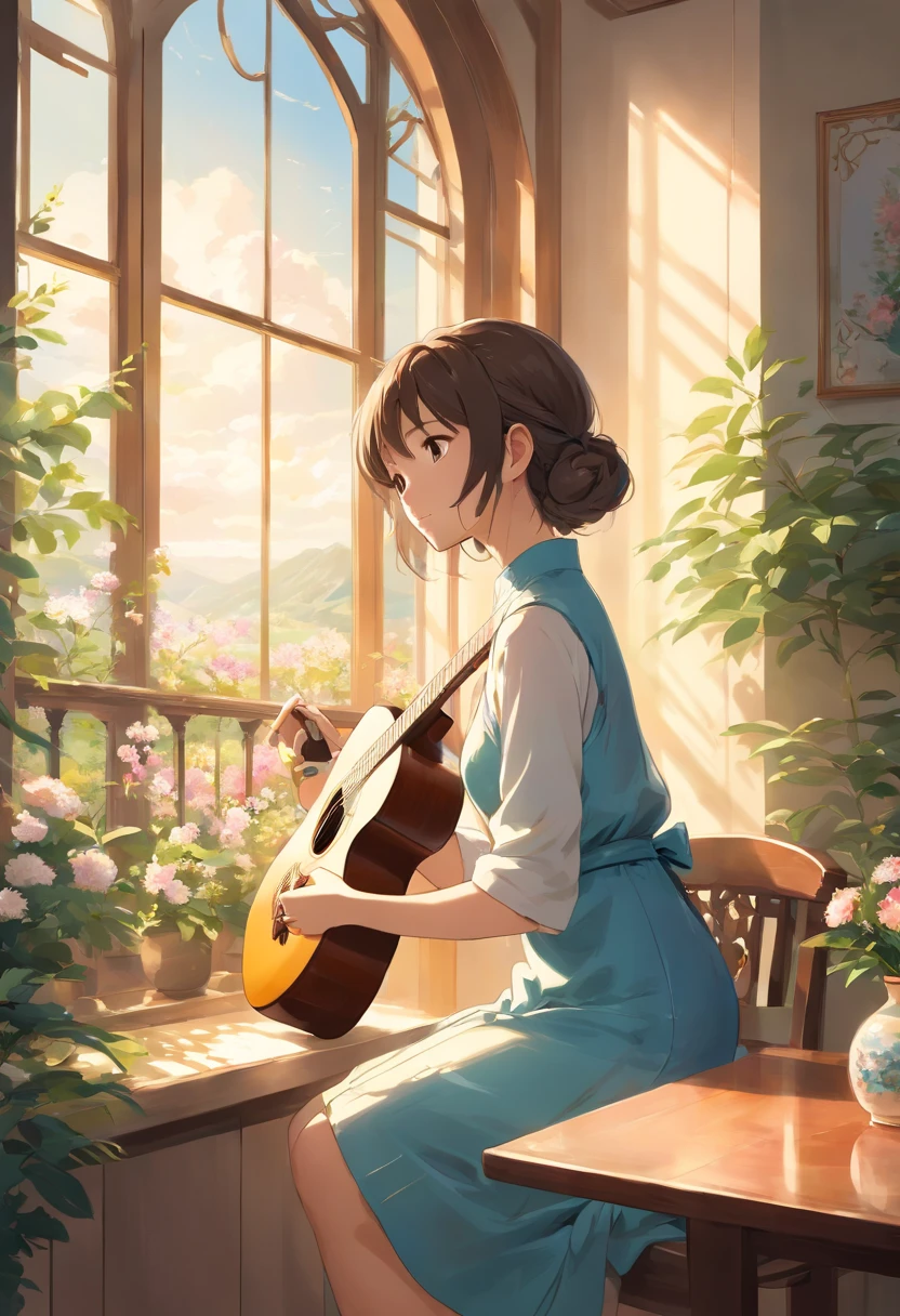 (Best Quality,4K,8K,hight resolution,masutepiece:1.2),Ultra-detailed,Realistic,Beautiful girl in blue cheongsam,Garden-themed rooms,Delicate details of the face,Blue cheongsam with intricate patterns,18-year-old girls,Girl on the windowsill playing the guitar,Girl with exquisite porcelain cup,Antique room with circular windows,Wooden table in front of the window,Girl playing guitar at the window,Girl looking at the beautiful view outside,Tranquil and picturesque outdoor views,peaceful ambiance,Soft sunlight shining through the circular window,A room with the scent of flowers,Ornate decoration of the walls,Elaborately carved vintage furniture,Quiet and elegant atmosphere,Graceful posture and facial expressions of the girl,There is a subtle emotion on their faces,A gentle breeze blows through the window,Subtle rays of light illuminating the room,Nostalgic color palette with warm tones,Soft and soothing color scheme,Vintage lighting for a cozy atmosphere,Details captured in high resolution,Smooth blending of colors,Smooth textures and brush strokes,rich, bright shades,Subtle shadows and highlights enhance depth and dimension,Picturesque scenery from the window,Bright foliage and blooming flowers,Fluffy white clouds and calm blue sky,Harmonious composition and balance of the scene.