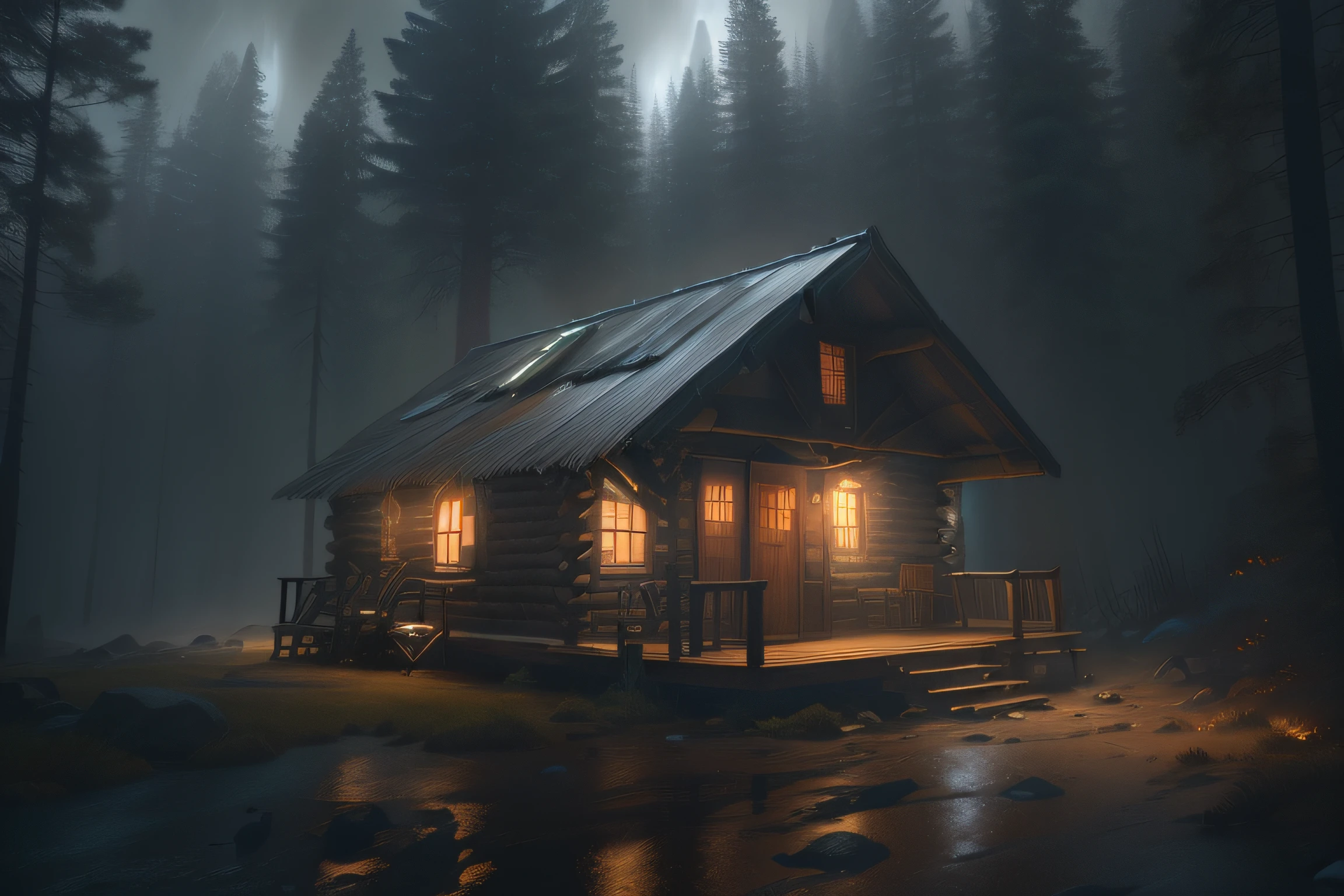 There's a little cabin in the woods at night, Cabana na Mata, cinematic atmospheric lighting, Dia chuvoso. game render, octan render. mistborn, renderizado em cryengine, atmospheric render, gloomy cinematic lighting, foggy volumetric lighting, renderizado em unreal engine 4k hq, renderizado em unreal engine 4 k hq, with photorealistic lighting, volumetric lighting and fog, chuva forte caindo, lightning in the sky