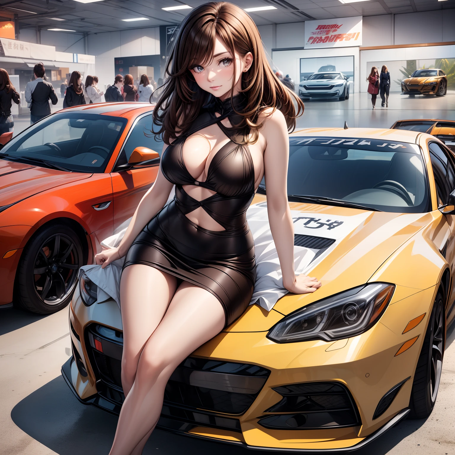 Best Quality, masutepiece, beautiful mature women、Beautiful face、Strong-minded woman、((Campaign Girl))brown haired、(Brown-eyed)、Longhaire、Undersized eyes、(Automobile Exhibit、In front of a sports car)、(Model style:1.5)、((Indoor Exhibition Hall))