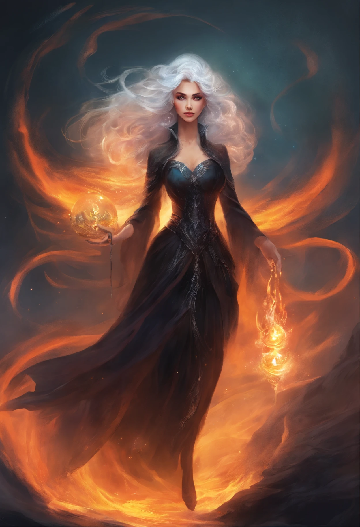 1 magician woman, expressive black eyes, elf ear, white hair, black patterned clothes dress, using his fire magic , full length portrait , mystical atmosphere in background, detail richness, masterpiece, best quality