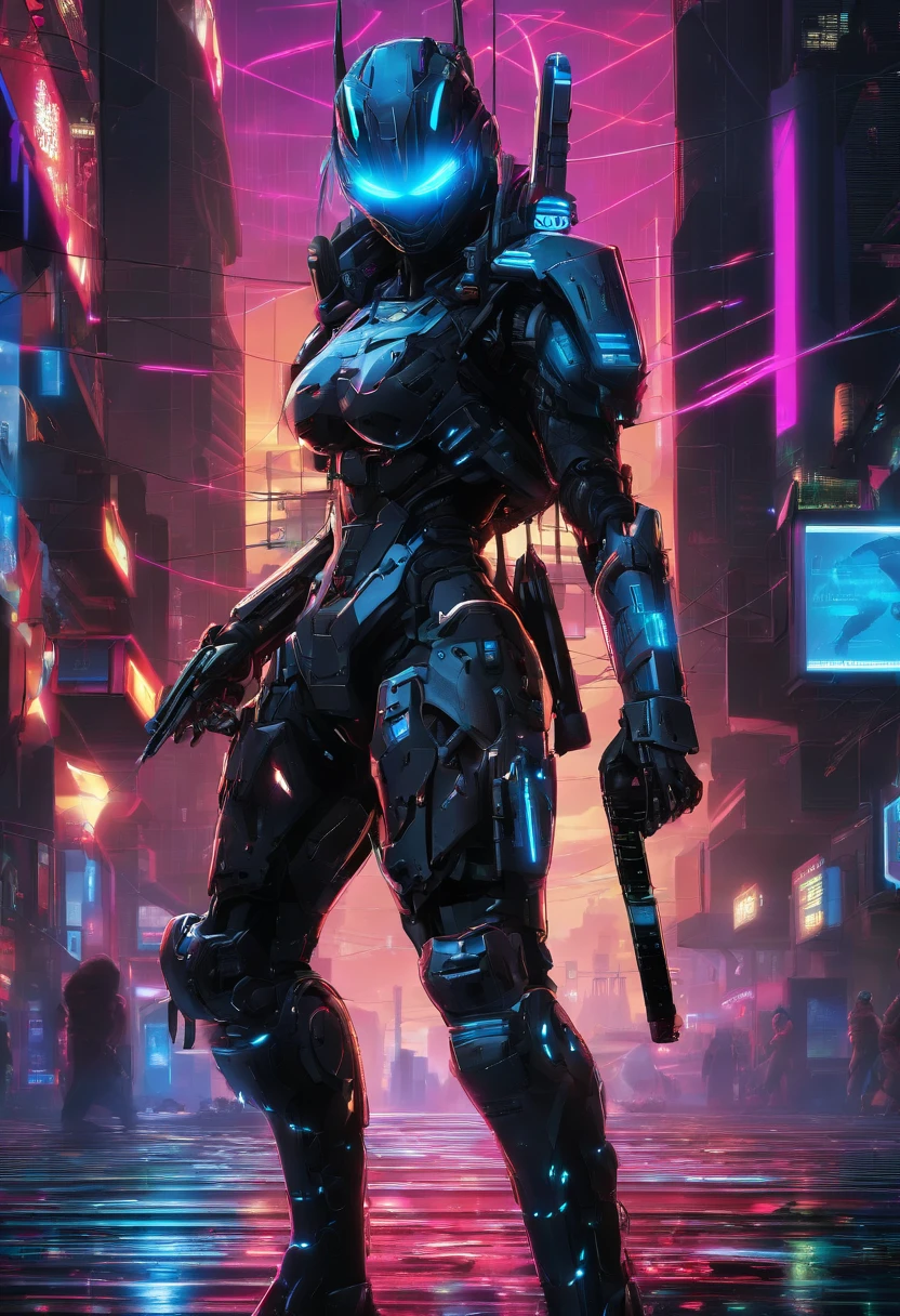 (centred,from below:1.4),look at viewer,A cyber ninja women in a dystopian world, wearing a sleek black armor suit, with glowing blue eyes and advanced cybernetic enhancements. The ninja is seen in a dynamic action pose, leaping across a neon-lit rooftop, with rain pouring down and reflecting off the slick surface. The cityscape below is filled with towering skyscrapers, illuminated by colorful holographic advertisements. The ninja's katana is drawn, its blade gleaming with blue energy, ready to strike. The overall atmosphere is dark and mysterious, with a futuristic techno vibe. The lighting is dramatic, with intense highlights and deep shadows, creating a sense of depth and tension. The color palette,dynamic action pose,