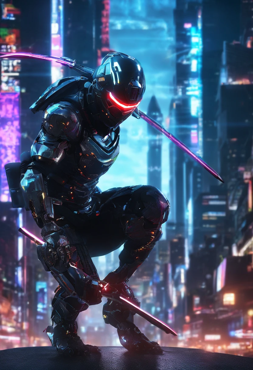 (centred,from below:1.4),look at viewer,A cyber ninja women in a dystopian world, wearing a sleek black armor suit, with glowing blue eyes and advanced cybernetic enhancements. The ninja is seen in a dynamic action pose, leaping across a neon-lit rooftop, with rain pouring down and reflecting off the slick surface. The cityscape below is filled with towering skyscrapers, illuminated by colorful holographic advertisements. The ninja's katana is drawn, its blade gleaming with blue energy, ready to strike. The overall atmosphere is dark and mysterious, with a futuristic techno vibe. The lighting is dramatic, with intense highlights and deep shadows, creating a sense of depth and tension. The color palette,dynamic action pose,