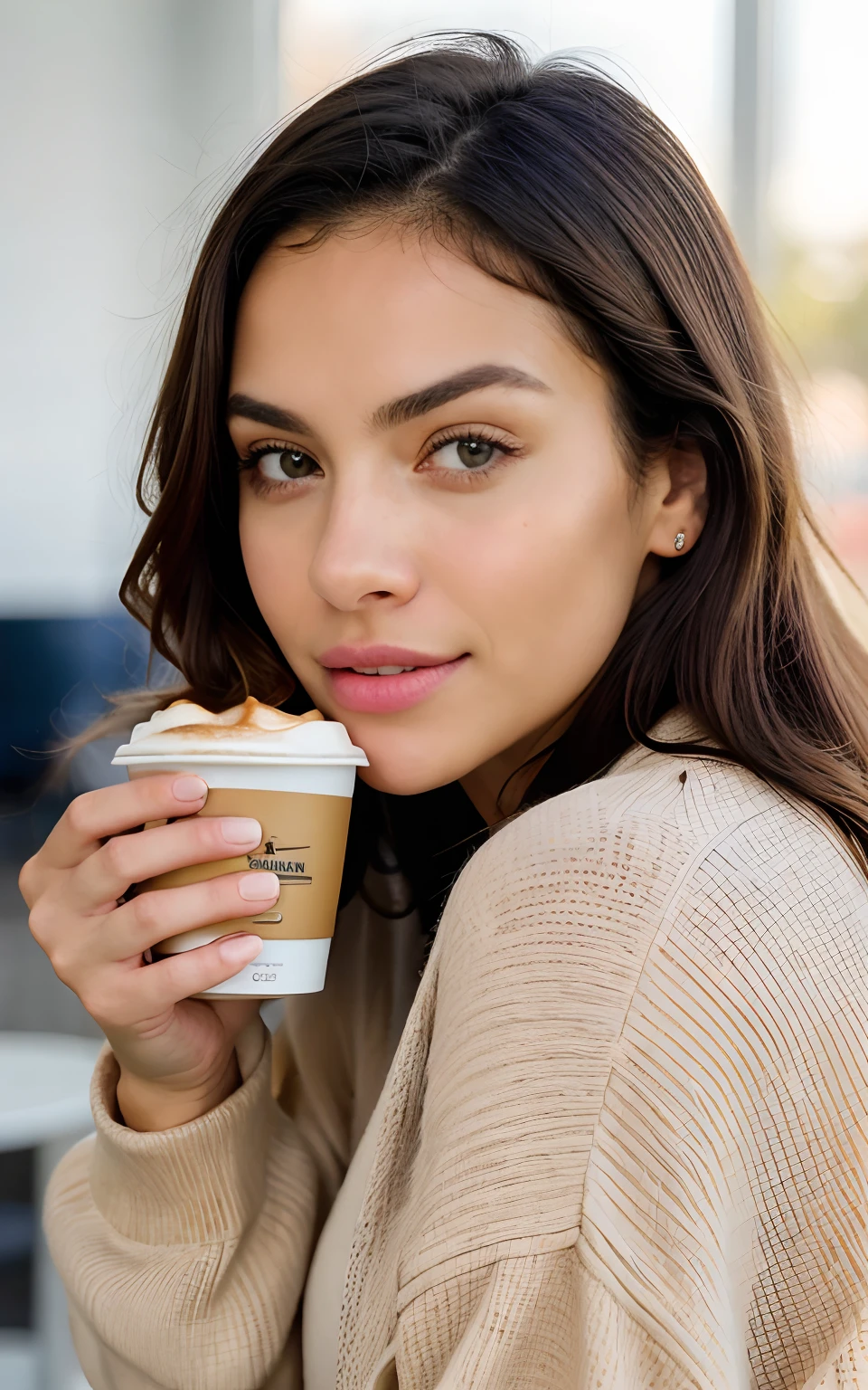 Beautiful blonde in beige sweater (Sipping coffee inside a modern café at sunset), muy detallado, 21-year-old, Cara inocente, cabello ondulado natural, ojos azules, High resolution, Obra maestra, La mejor calidad, Detalles intrincados, Altamente detallado, foco nítido, Piel detallada, textura realista de la piel, textura, ojos detallados, profesional, 4k, sonrisa encantadora, tomada con Canon, 85mm, poca profundidad de campo, Kodak Vision Color, Cuerpo de ajuste perfecto, extremadamente detallado, Cinematographer_\(ultra\), Cinematographerrrealista, realista, Post-procesamiento, Maximum detail, aspereza, vida real, ultra realista, Fotorrealismo, Cinematographergrafía, 8k UHD, Cinematographergrafía