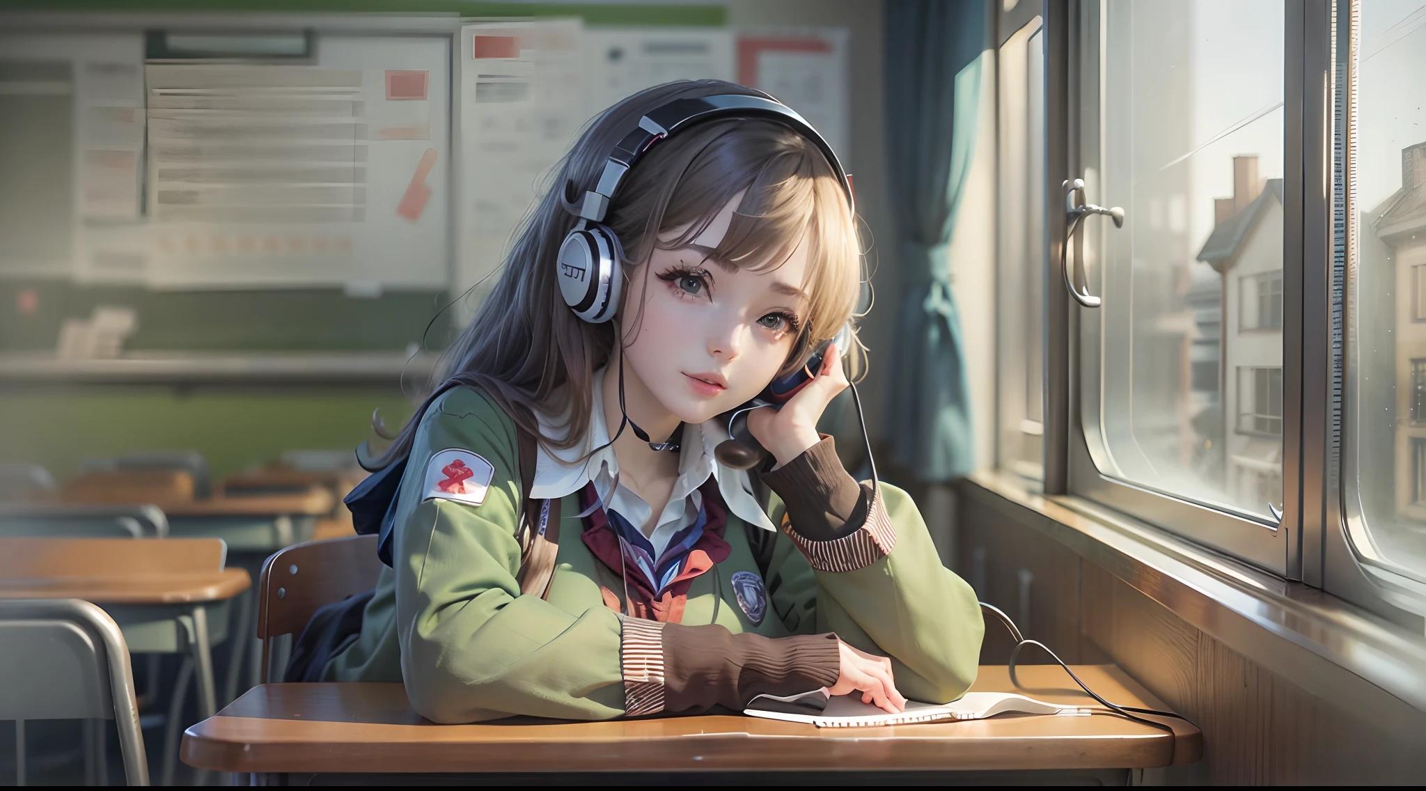 After School Classroom School Girl, Uniform, Cute, Sexy, headphone, listening music, romantic,