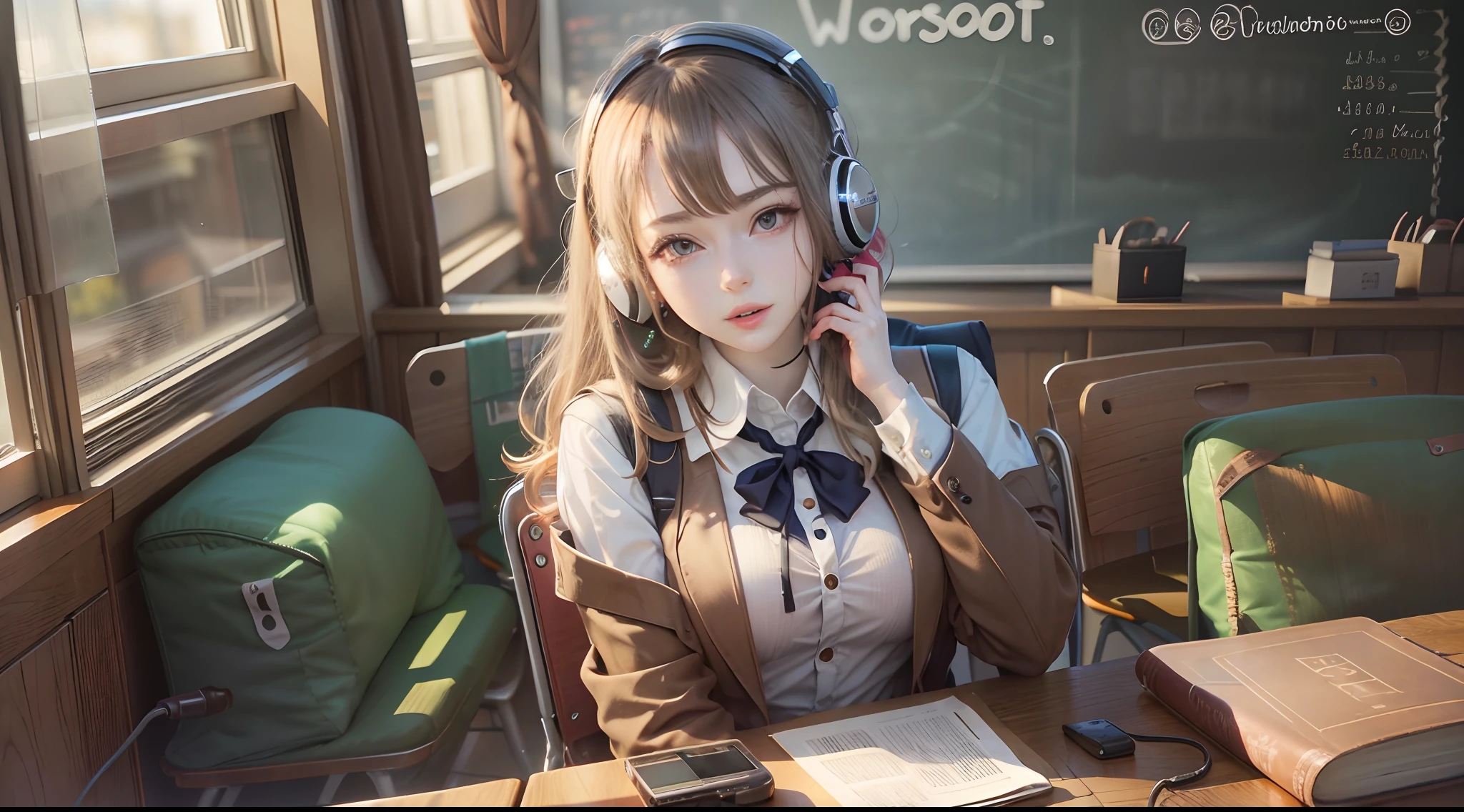 After  Girl, Uniform, Cute, Sexy, headphone, listening music, romantic,