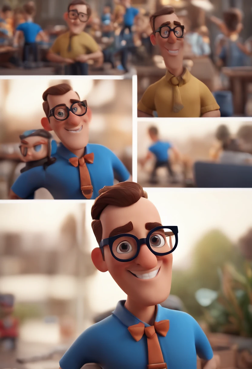Cartoon character of a man with black glasses and a blue shirt, animation character, Caractere estilizado, animation style rendering, 3D estilizado, Arnold Maya render, 3 d render stylized, toon render keyshot, Personagem 3D, Personagem 3D, 3d rendering stylized, 3 d character render, personagem de desenho animado, Personagem de close up, Pose de personagem,  (Estilo Pixar) (master part:1.2) (Bokeh) (best quality) (pele detalhada) (textura detalhada) (8k) (argila) (Cinematic lighting) (foco nítido