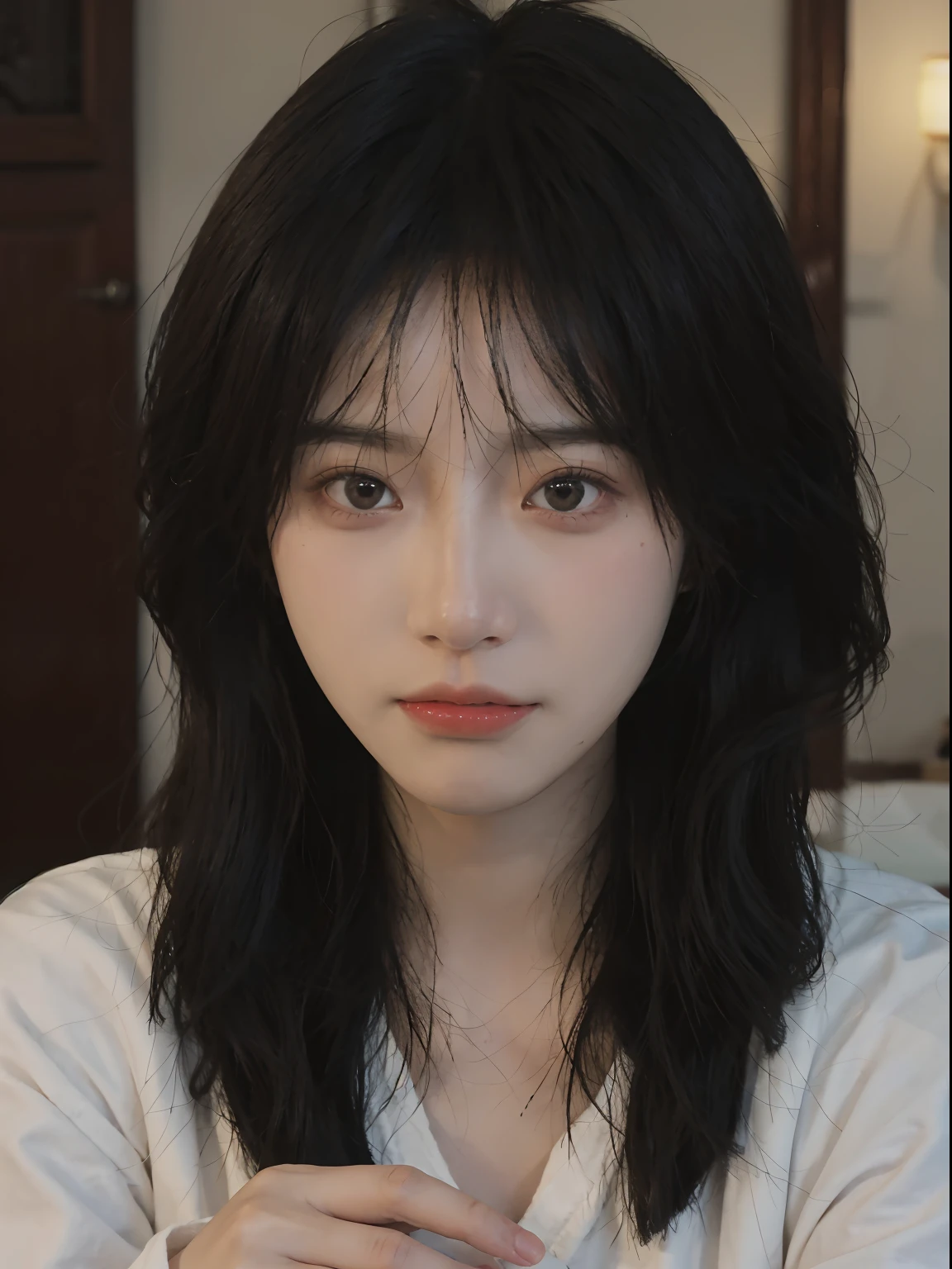 best qualtiy， 超高分辨率， （realisticlying：1.4）， A woman with long black hair and a gray sweater, 中景 the scene is, She has black hair，By bangs, young lovely Korean faces, wan adorable korean face, ulzzangs, Shin Jinying, beautiful aesthetic face, Korean face features, Played by Liu Lee Ji Eun ，Beautiful realistic face