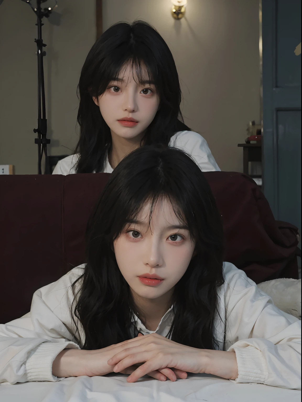 best qualtiy， 超高分辨率， （realisticlying：1.4）， A woman with long black hair and a gray sweater, 中景 the scene is, She has black hair，By bangs, young lovely Korean faces, wan adorable korean face, ulzzangs, Shin Jinying, beautiful aesthetic face, Korean face features, Played by Liu Lee Ji Eun ，Beautiful realistic face