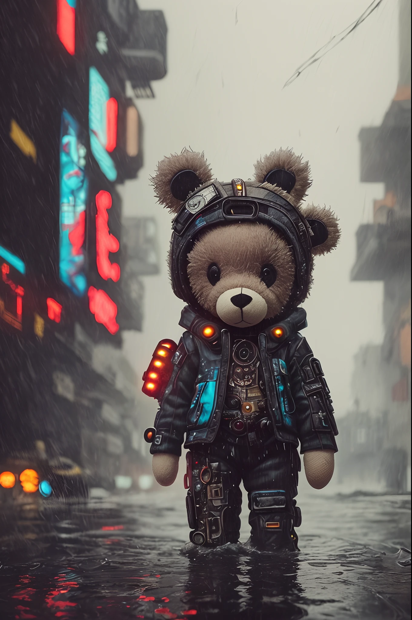 plush teddy, wet, (cyberpunk:1.1), rain, epic realistic, rutkowski, hdr, intricate details, hyperdetailed, cinematic, rim light, muted colors, vintage