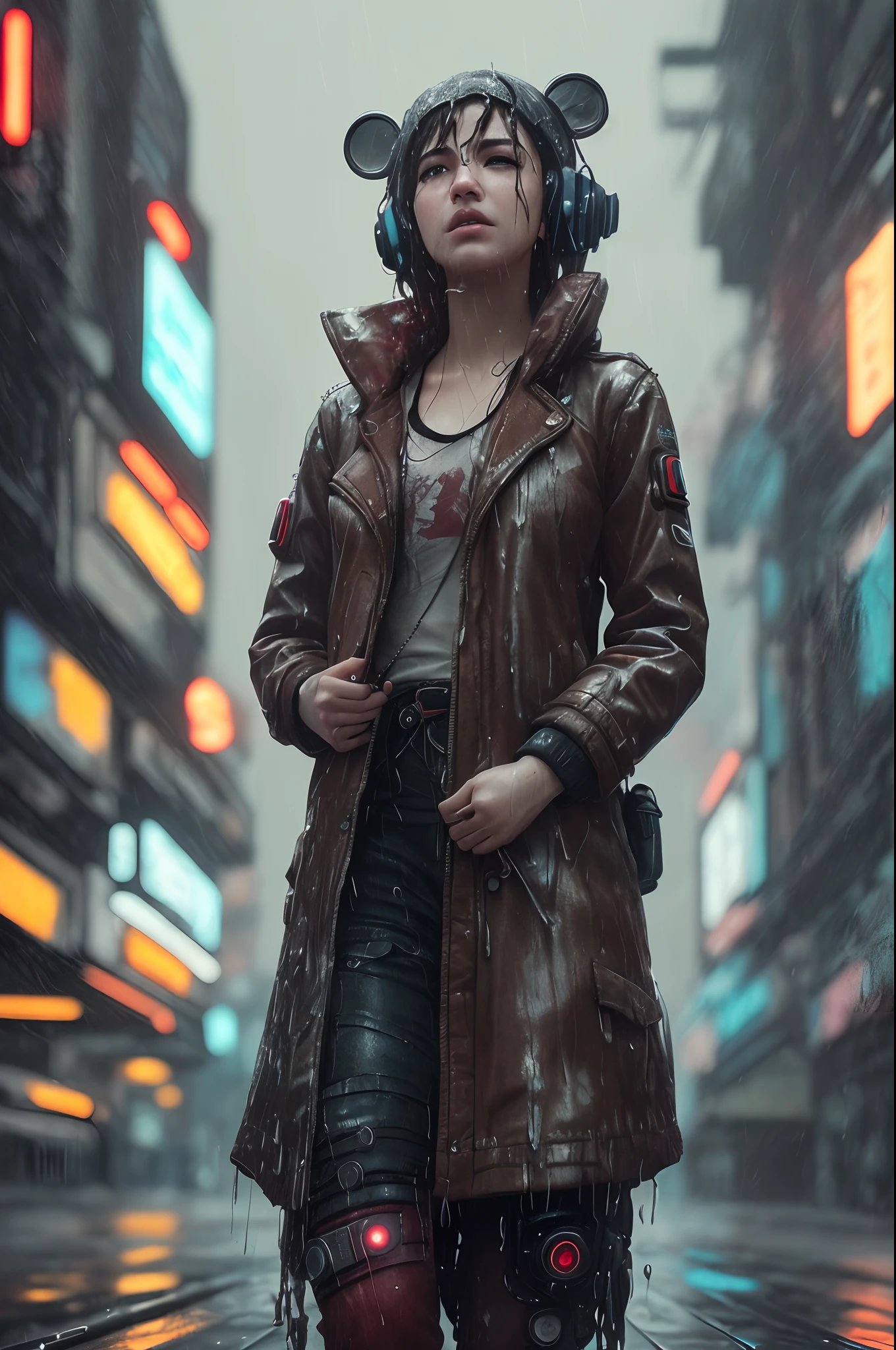 plush teddy, wet, (cyberpunk:1.1), rain, epic realistic, rutkowski, hdr, intricate details, hyperdetailed, cinematic, rim light, muted colors, vintage