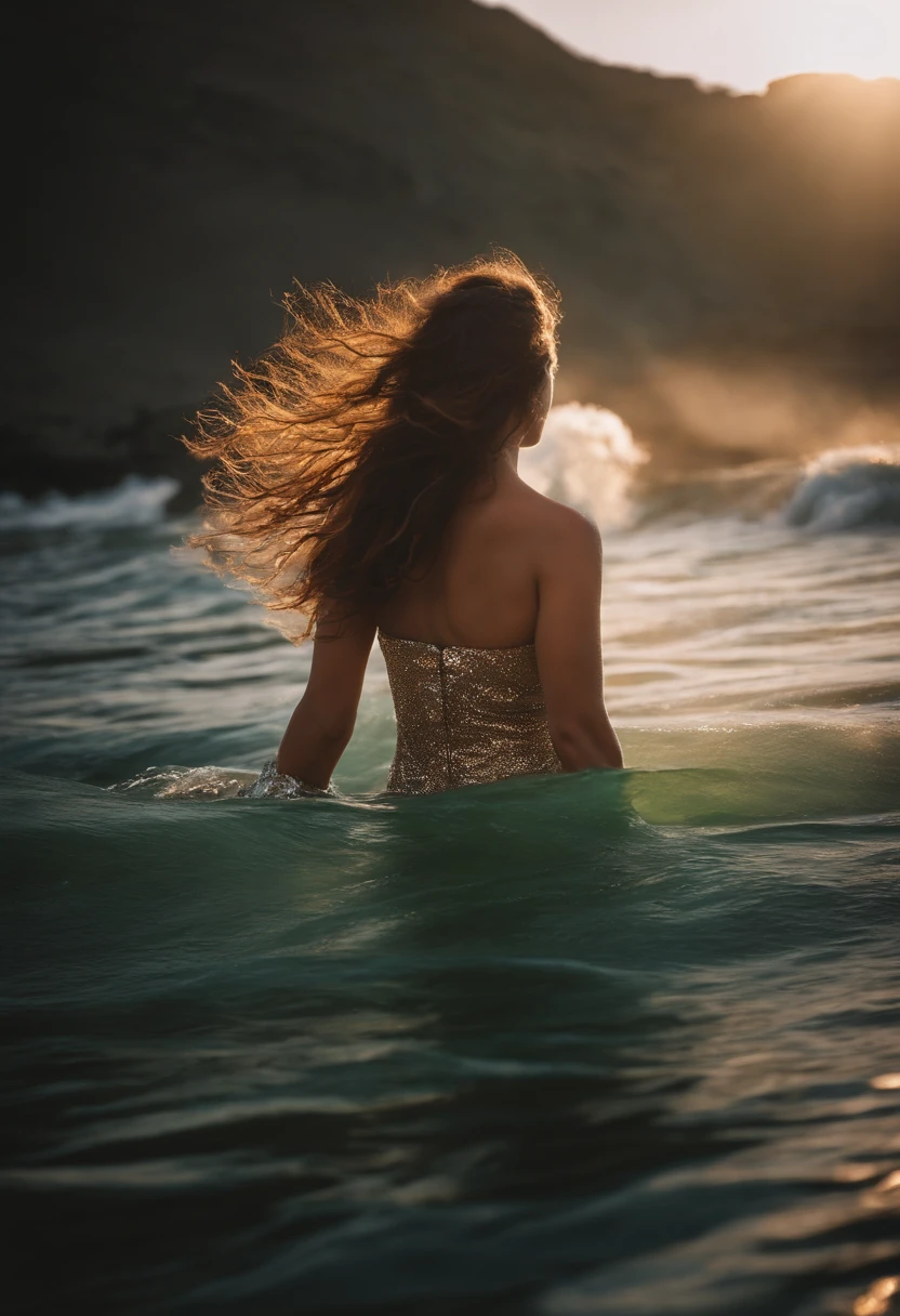1fille, Vêtements inspirés de Boho, bijoux superposés, Hispanic, yeux légèrement bridés, yeux vert profondVagues de plage rugueuses, (Yeux radieux, La peau embrassée par le soleil, Expression faciale insouciante), Sable doré et paysages océaniques, Éclairage du coucher du soleil, Mouvement dynamique (Tissu fluide, Éclaboussures d’eau), Couleurs vives, détails texturés, Perspective grand angle. Photographie de portrait, Films 35mm, flou naturel, Filmographie,