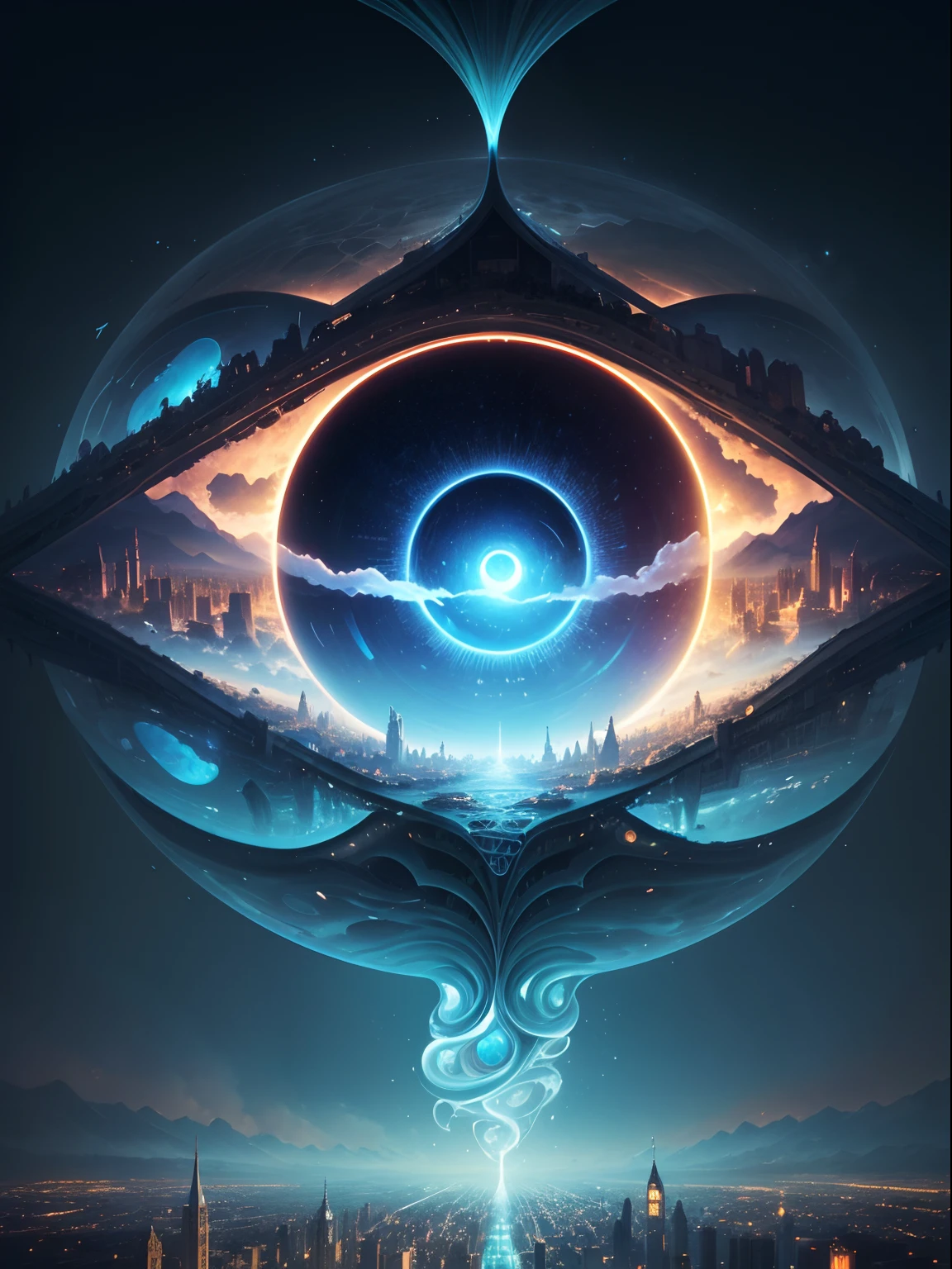 generate an illustration in the magical realism and visionary genre of a city in the midst of some supernatural phenomenon, reality bends and distorts from a curved perspective, melting, and layers of ever-shifting patterns and fractals reflecting the illusion of perception in the pursuit of a grander absolute truth.
