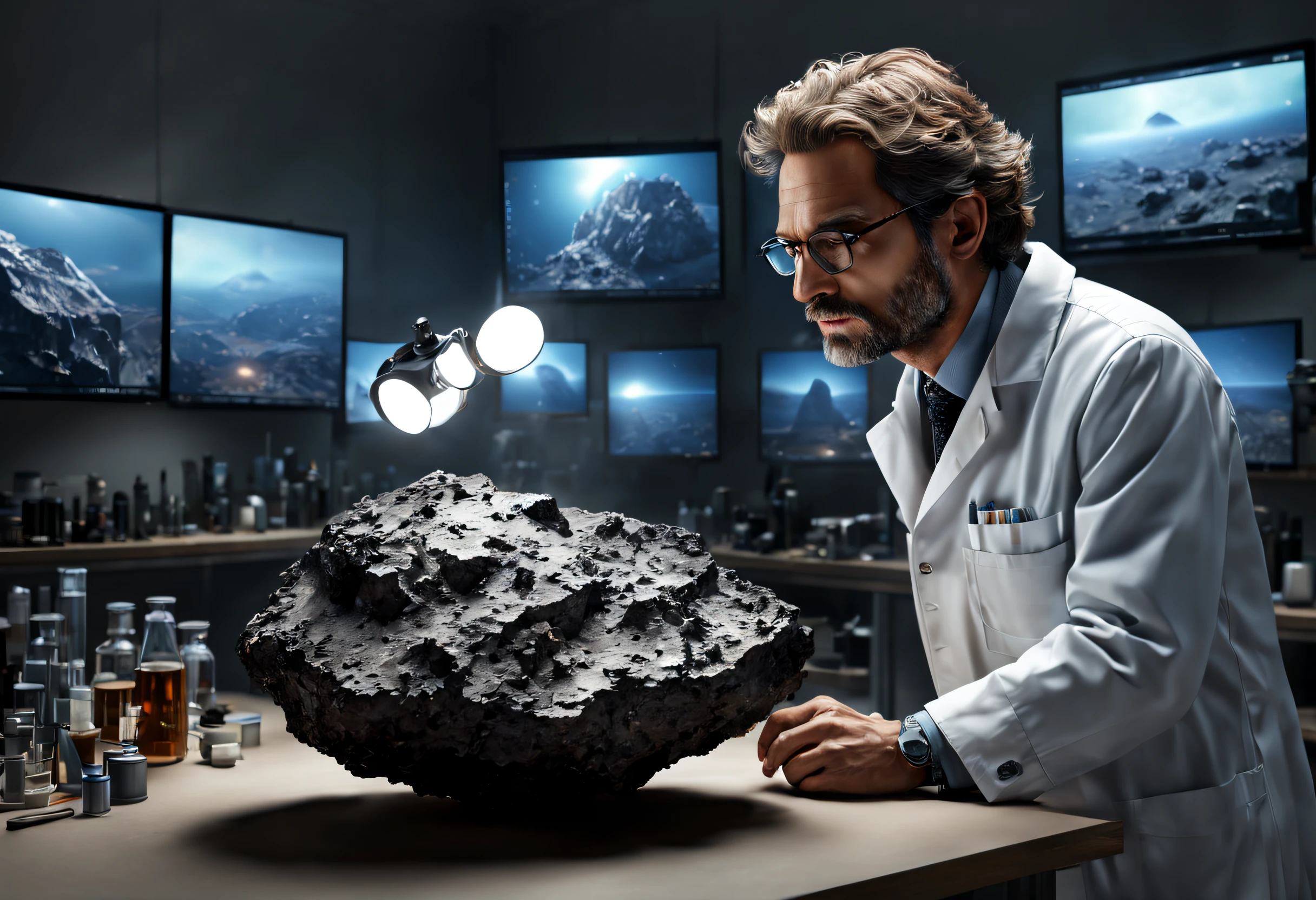 (best quality, 4k, 8k, high resolution, masterpiece: 1.2), ultra detailed, (realistic, photorealistic, photorealistic: 1.37), A scientist analyzing a large meteorite. He's in his laboratory. A wonderful award-winning image