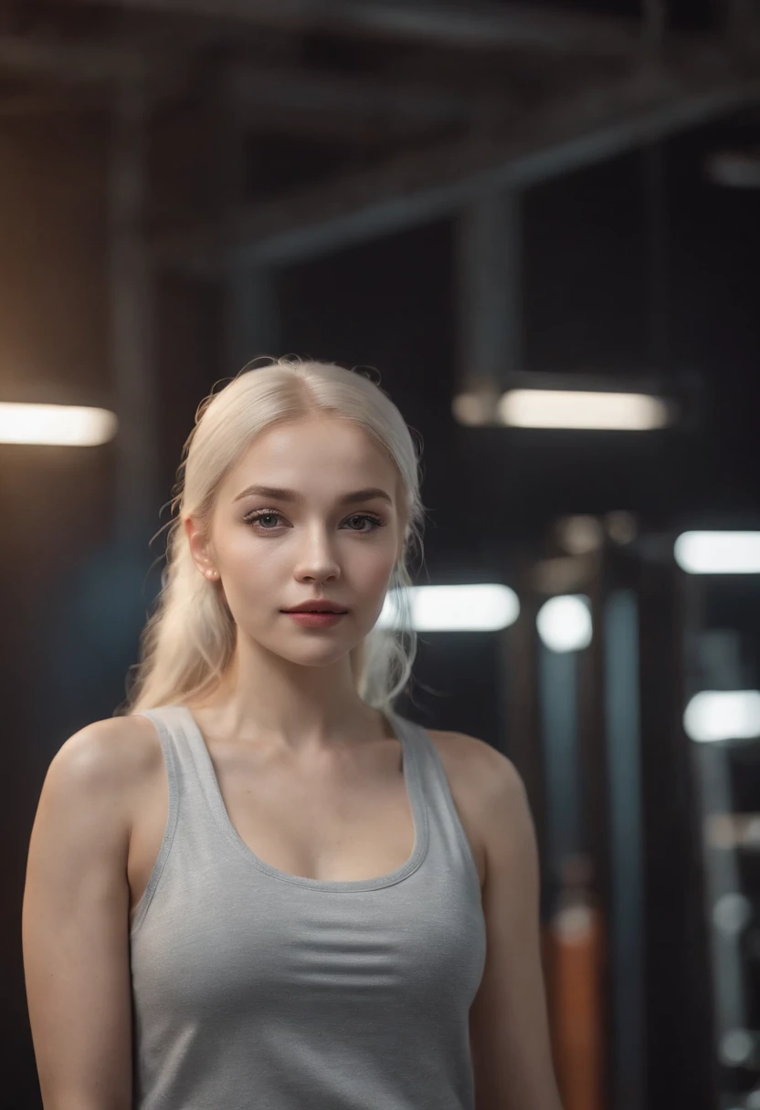 full body shot, 55mm canon lens, volumetric lighting, Fujifilm XT3 lens, upper body portrait, a young teenager from Northern Europe, 27 years old, serious, cute face, hijab, albino skin, black eyebrow, very light brown hair, ponytail haircut, wearing jenas pants and shirt, background of a cardio machine in the gym, signs, neon, cold night, High resolution image, detailed texture, realistic depth of field, High quality photo, 8K UHD, DSLR, High quality, Fujifilm XT3, Korn, awards winning