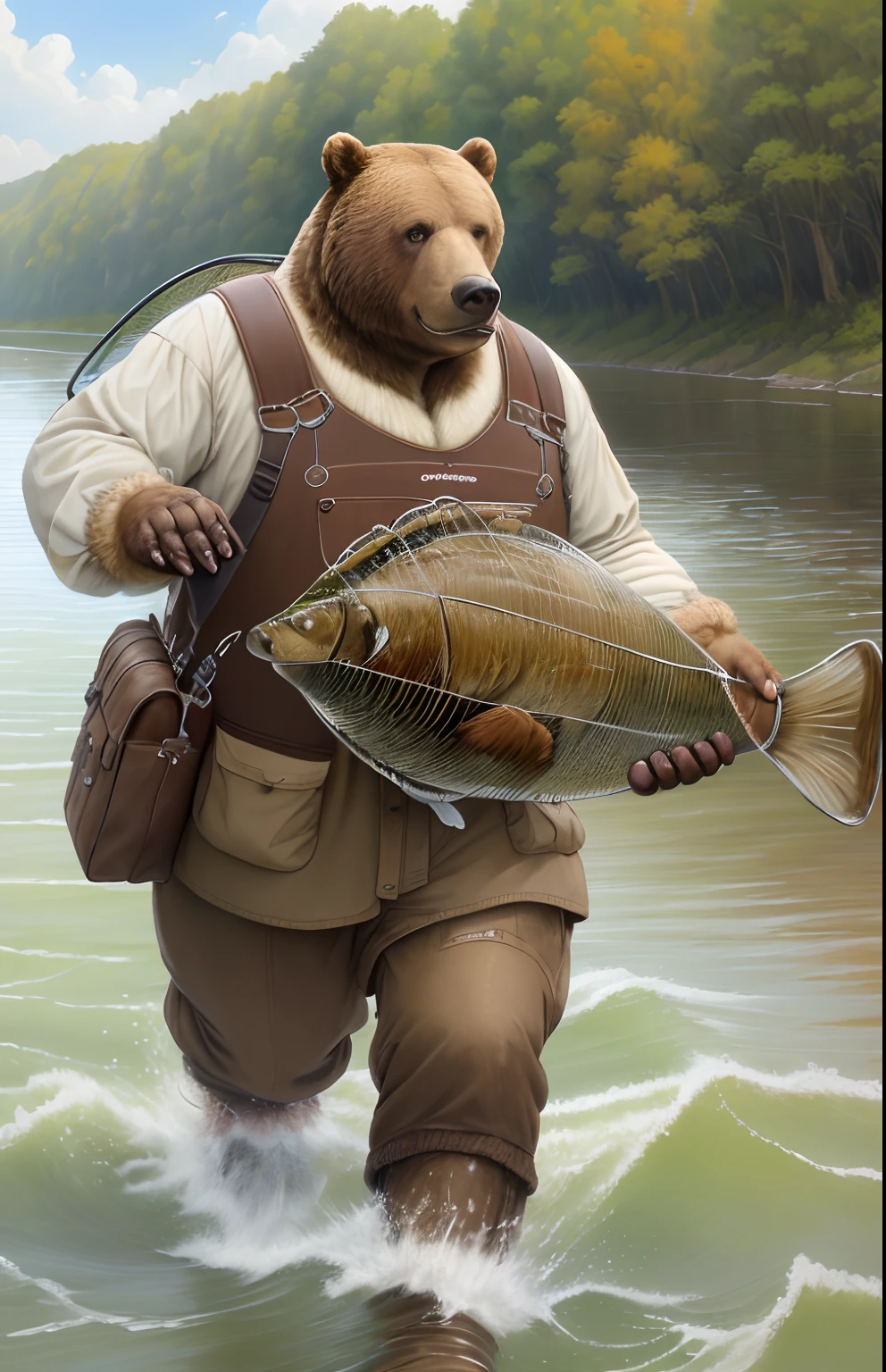 Painting by Jean-Baptiste Monge depicting a large brown bear, Four paws, Going Fishing, It carries a spinning rod in its paws, Fish cage, Dressed in fishing boots, Carries a canvas bag with fishing tackle, On a summer day, Walk along the river , jean - baptiste monge, anthropomorphic --ar 2:3 --testp -optimistic;